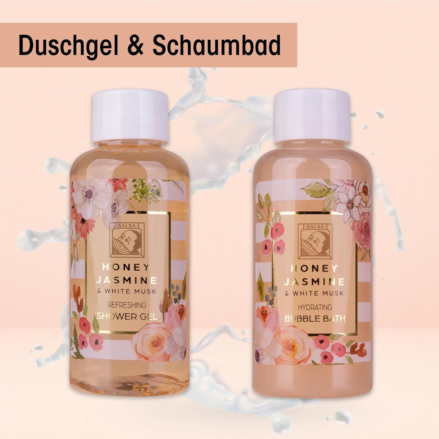 Due flaconi di gel doccia e bagno schiuma. Scritta: HONEY JASMINE & WHITE MUSK. Prodotti con motivi floreali e tappi bianchi.