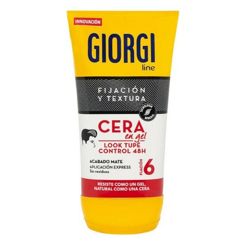 Gel per capelli Giorgi, tubo giallo. Striscia nera con testo. "Cera en gel" e "Look Tupe Control 48H".