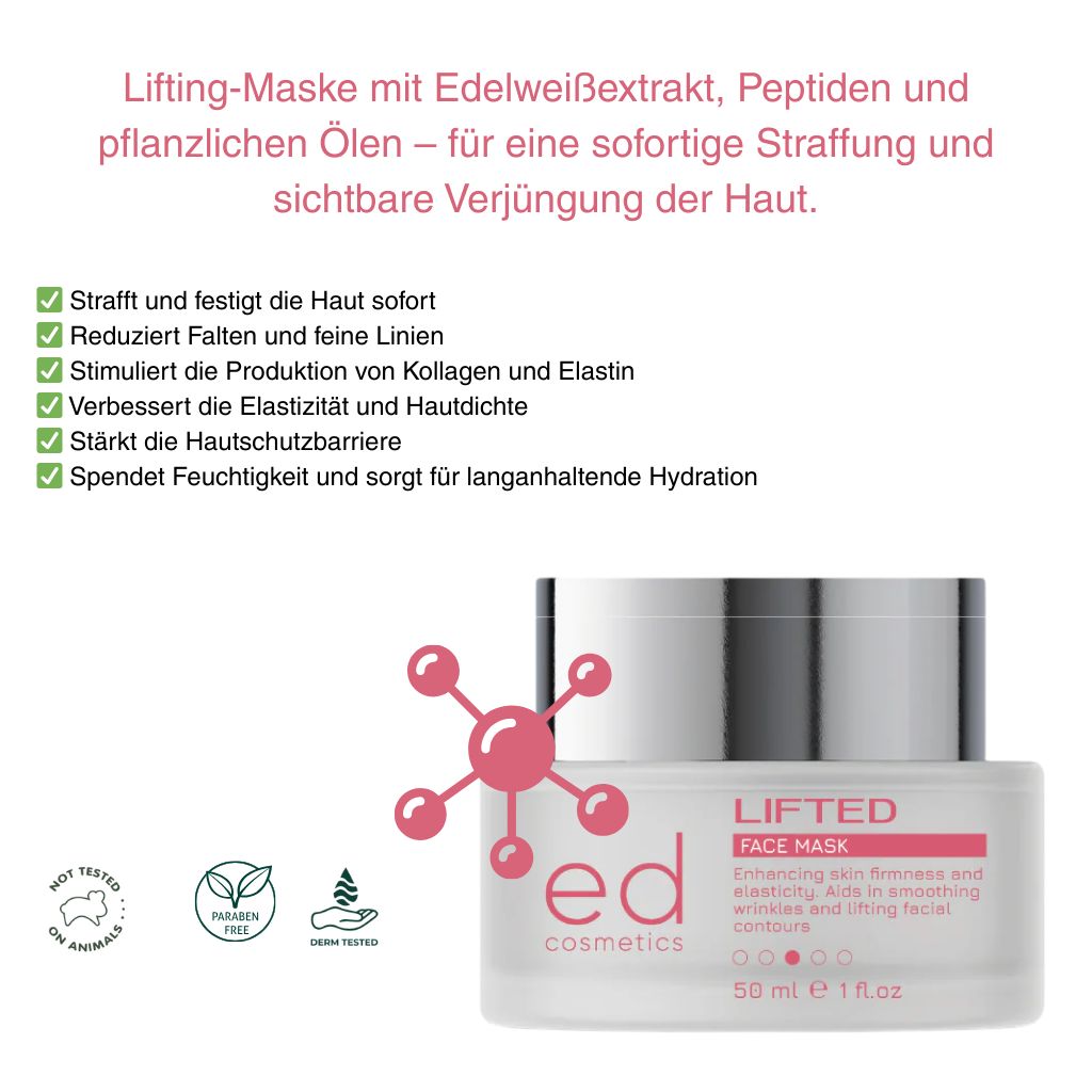 Vasetto di crema con coperchio argentato. Testo: "LIFTED FACE MASK" e ingredienti. Loghi: "NOT TESTED ON ANIMALS", "PARABEN FREE", "DERM TESTED".