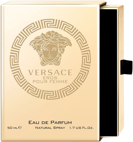 Versace Eros Pour Femme Eau de Parfum. Scatola dorata aperta con logo Medusa. Interno nero.