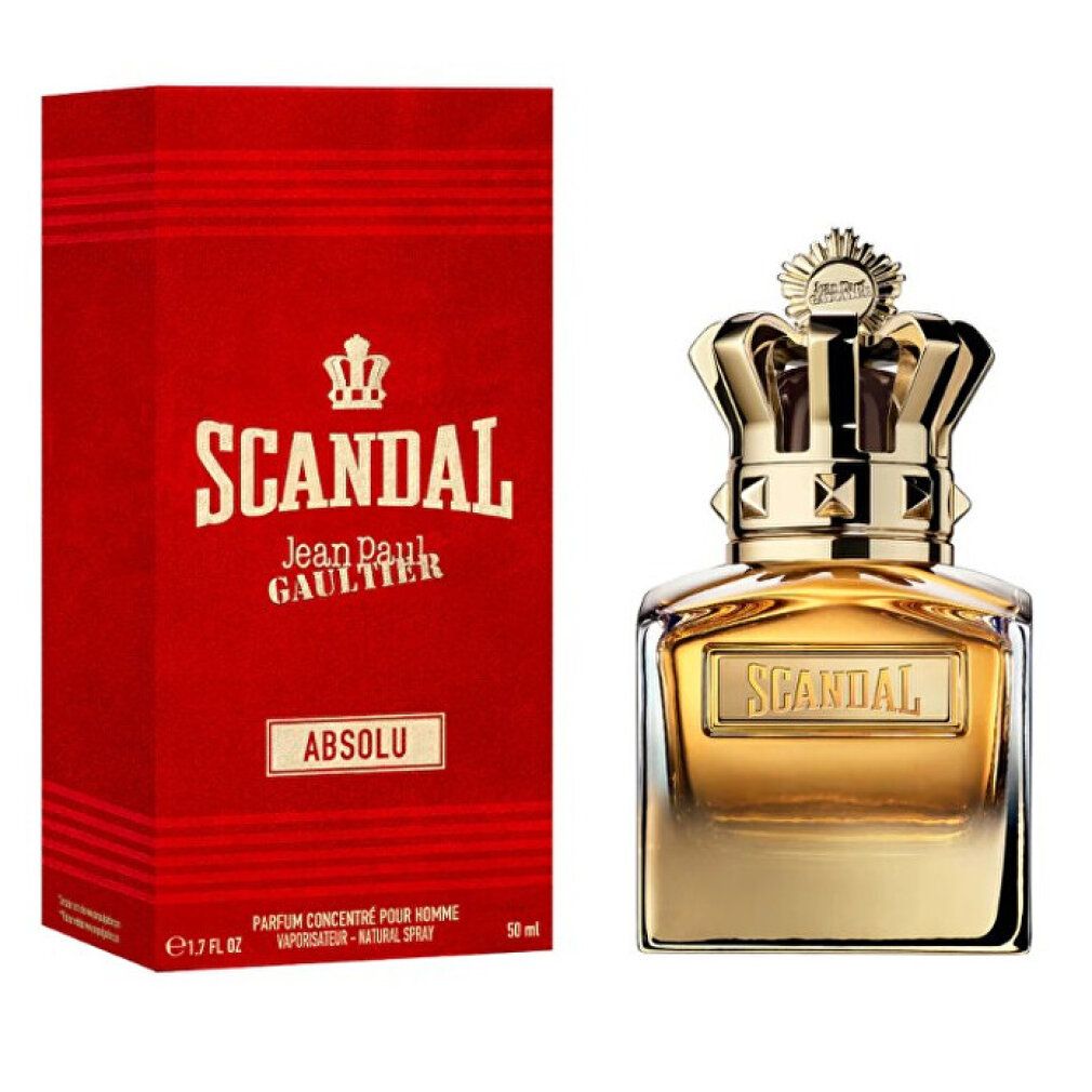 Flacone di profumo e confezione rossa. Flacone con corona dorata e scritta "SCANDAL". Confezione con "SCANDAL" e "ABSOLU".