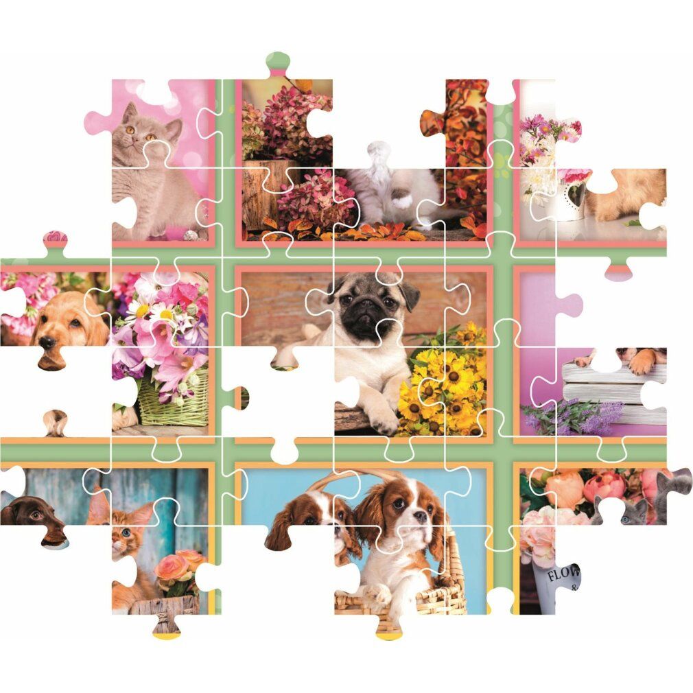 Puzzle assemblato con cani e gatti in cornici floreali.