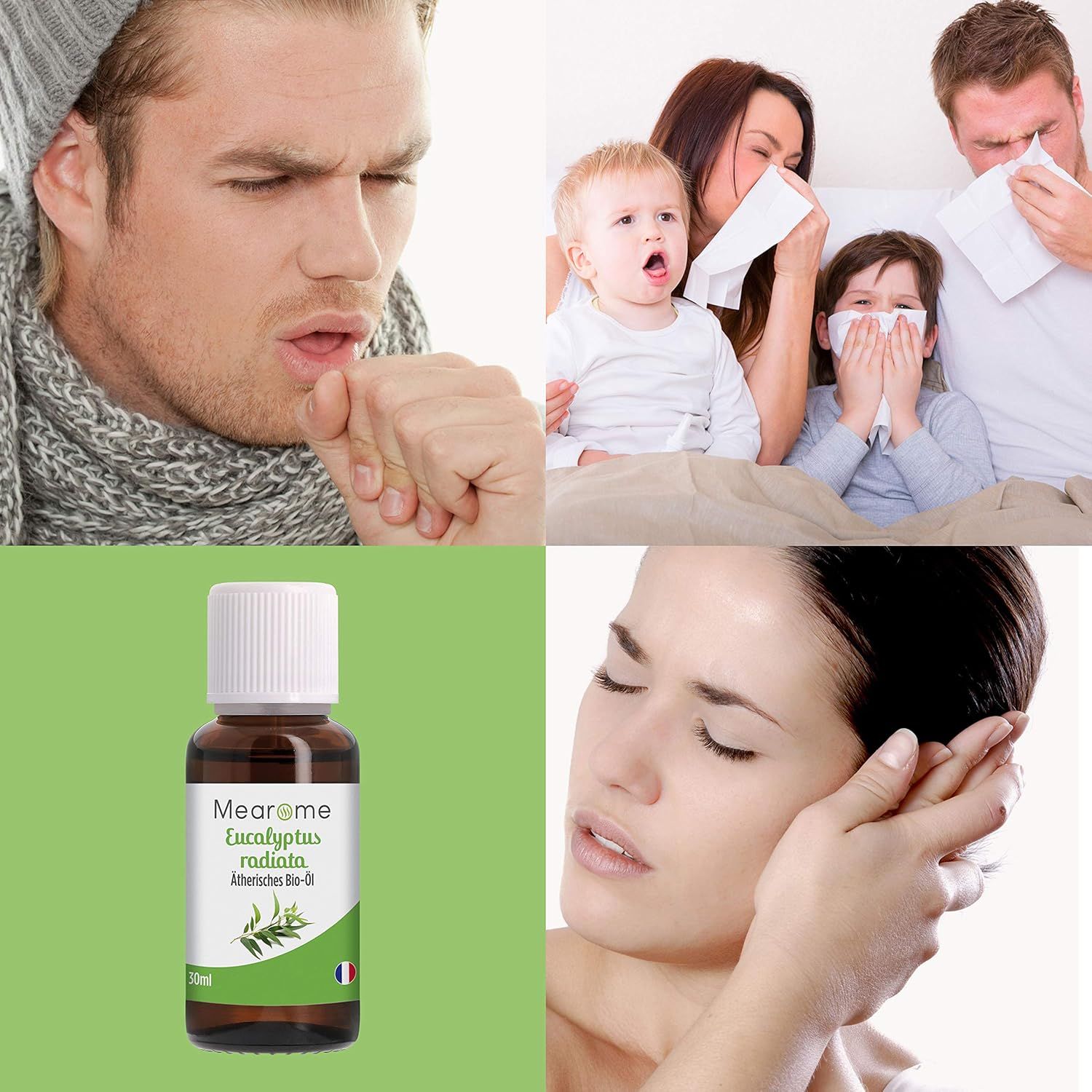 Quattro immagini. Persone con sintomi del raffreddore. Una bottiglia con etichetta. Una donna con mal d'orecchi.