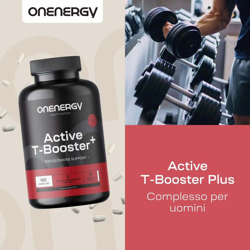 Uomo che solleva manubri, accanto a una bottiglia di OnEnergy Active T-Booster Plus.