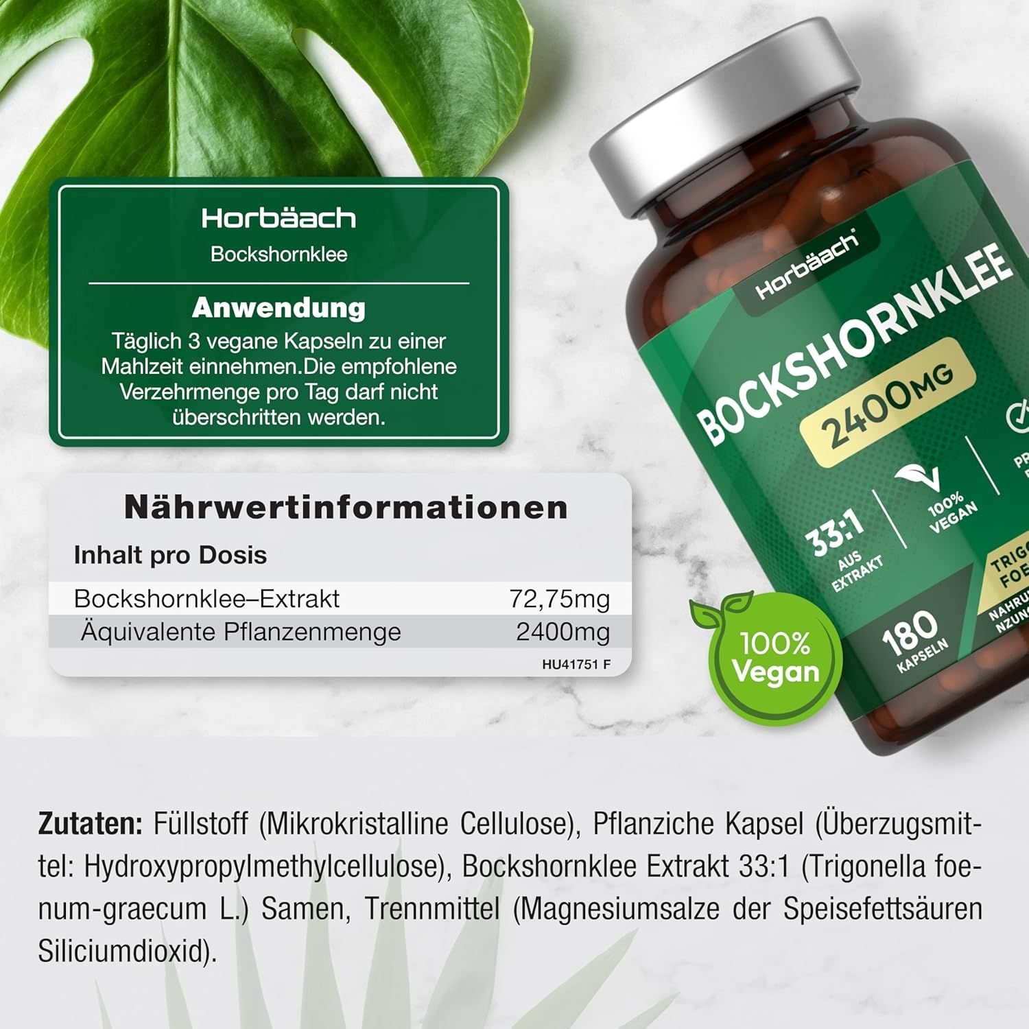 Flacone marrone con etichetta verde. Bockshornklee 2400mg, 180 capsule. Vegano. Testo: Uso: 3 capsule al giorno.