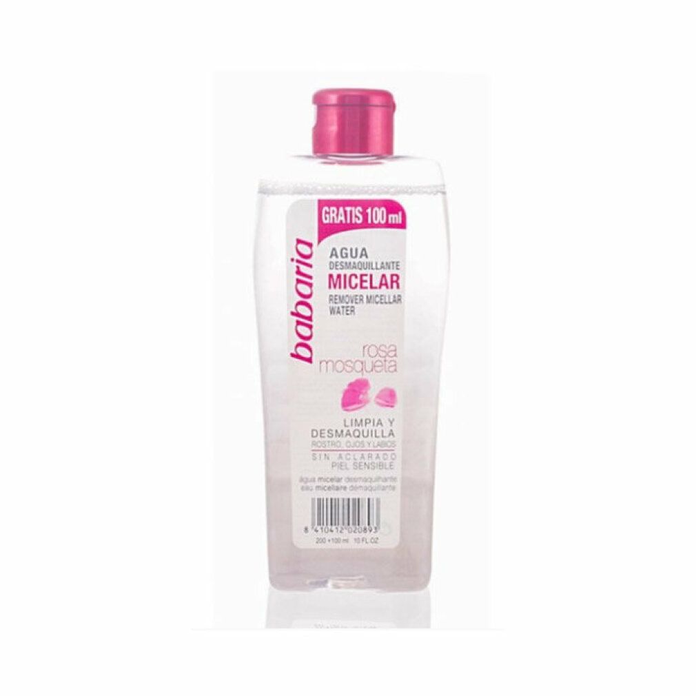 Flacone trasparente con tappo rosa. Scritta: Babaria, Agua Desmaquillante Micelar, Rosa Mosqueta. Gratis 100 ml.