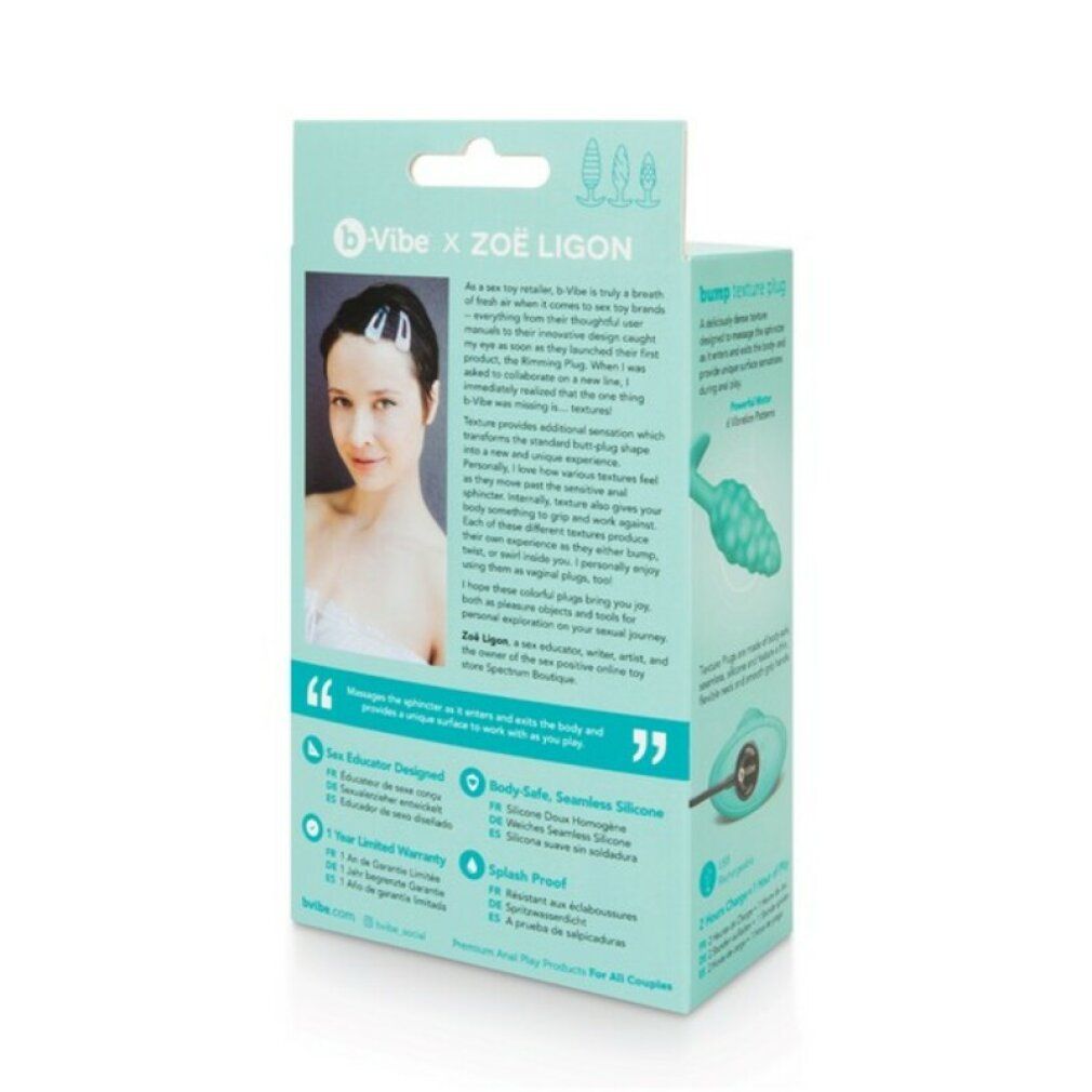 Retro della confezione. Contorno del plug testurizzato. Informazioni b-Vibe x Zoë Ligon. Caratteristiche del prodotto.
