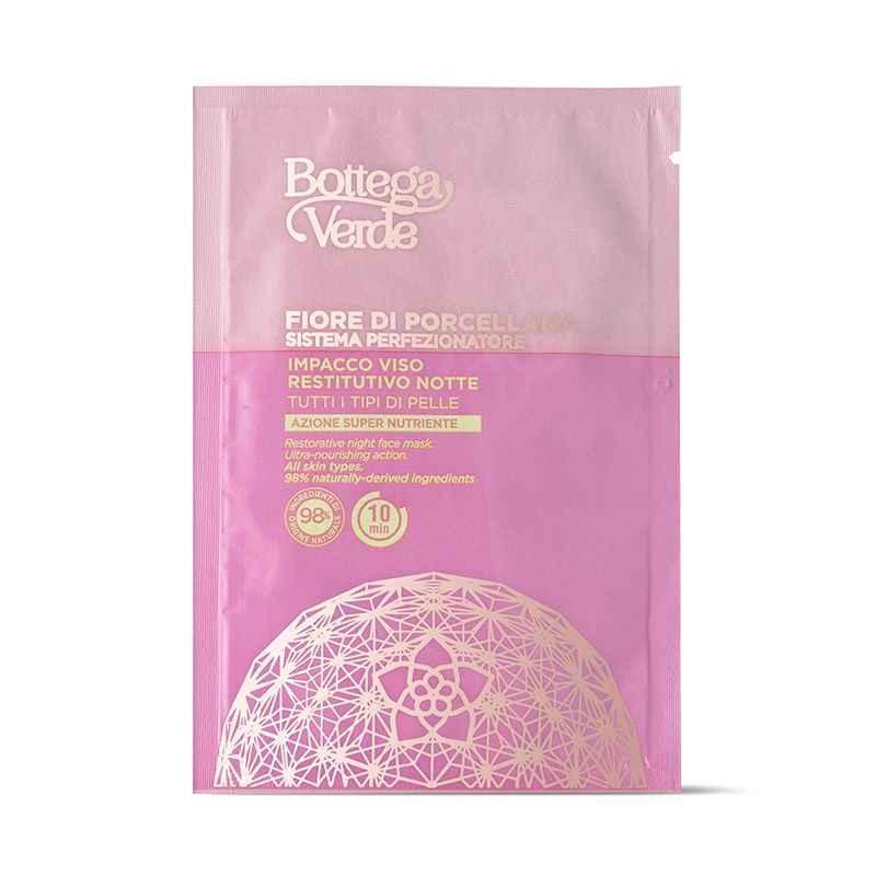 Confezione rosa. Testo: Bottega Verde, Fiore di Porcellana, Impacco viso restitutivo notte. 98% ingredienti di origine naturale.