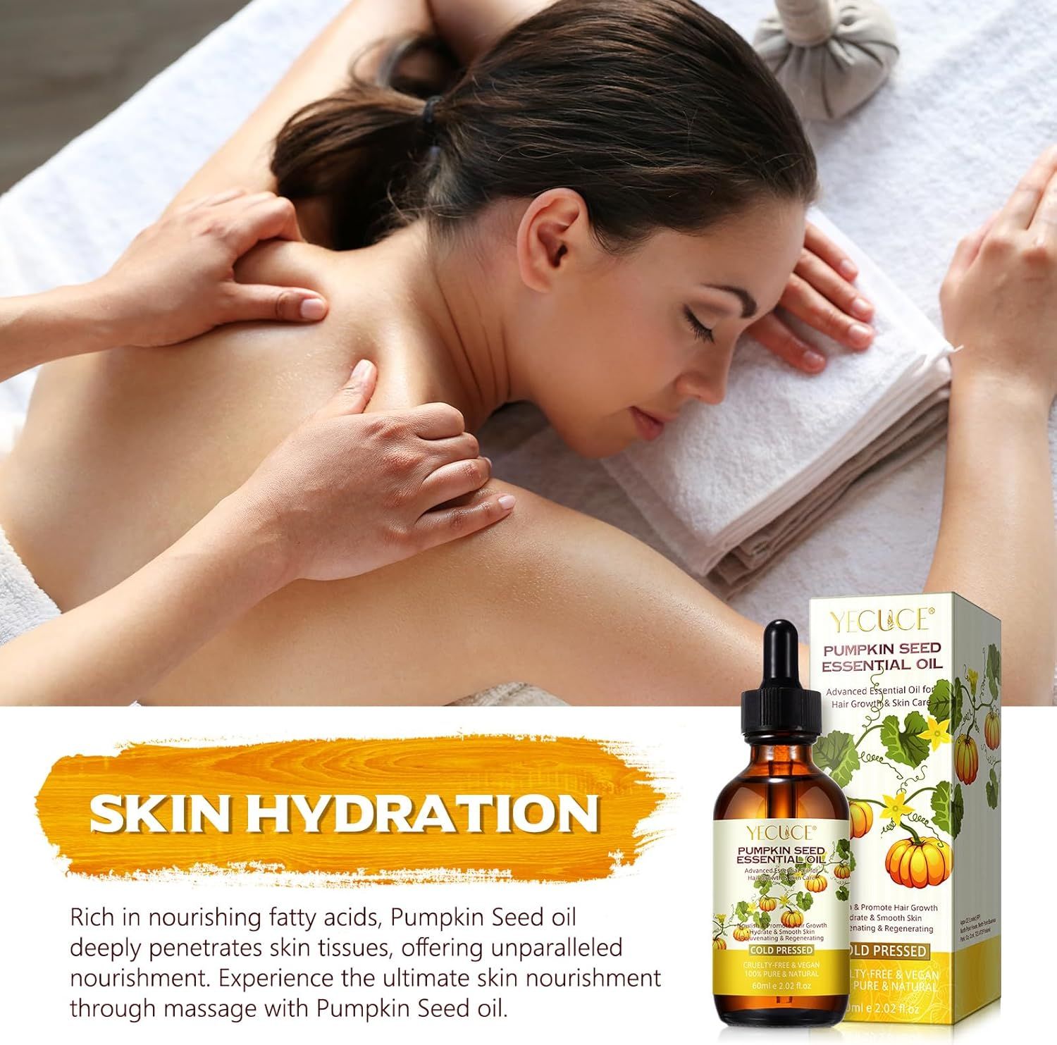 Una donna riceve un massaggio alla schiena. Accanto a lei c'è una bottiglia di olio di semi di zucca. Testo: IDRATAZIONE DELLA PELLE. Testo sulla nutrizione della pelle.