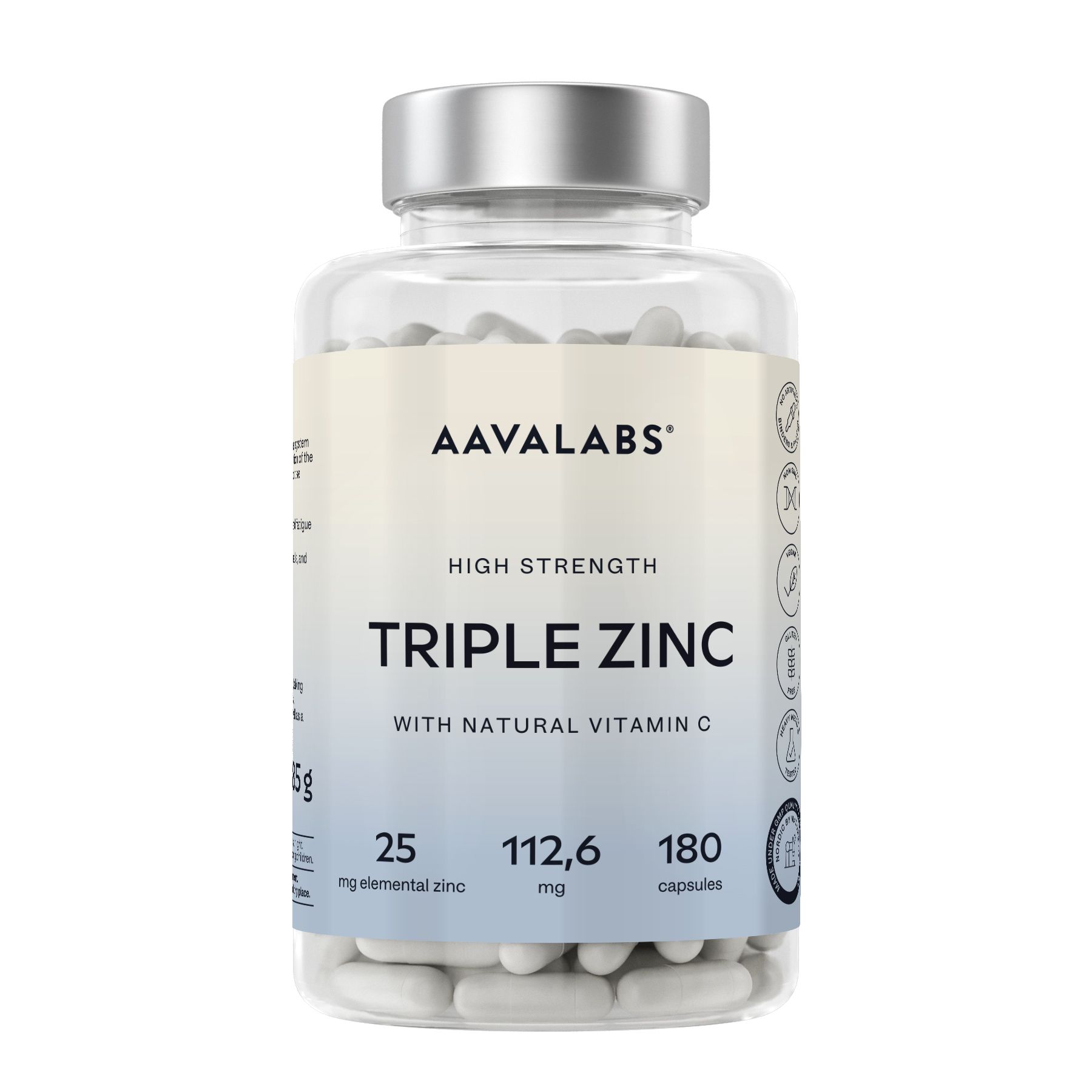 Flacone trasparente con capsule. AAVALABS Triple Zinc, 180 capsule. 25 mg di zinco, 112,6 mg. Con vitamina C naturale.