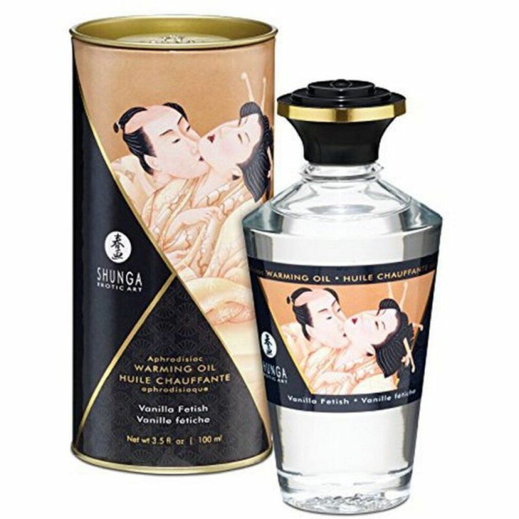 Olio da massaggio Shunga, aroma vaniglia. Bottiglia e confezione con illustrazione di una coppia. Testo: Warming Oil, Vanilla Fetish.