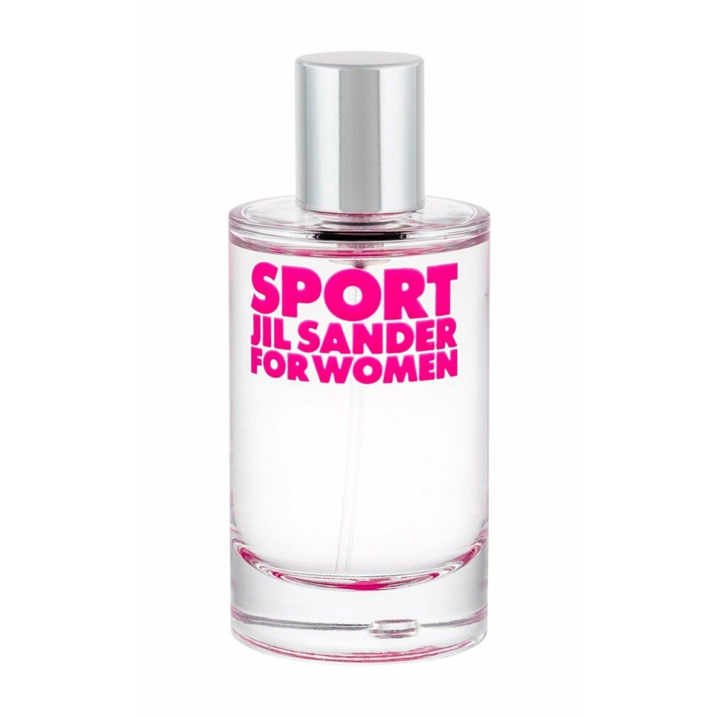 Flacone in vetro con tappo argentato. Scritta SPORT JIL SANDER FOR WOMEN in rosa. Liquido trasparente visibile.