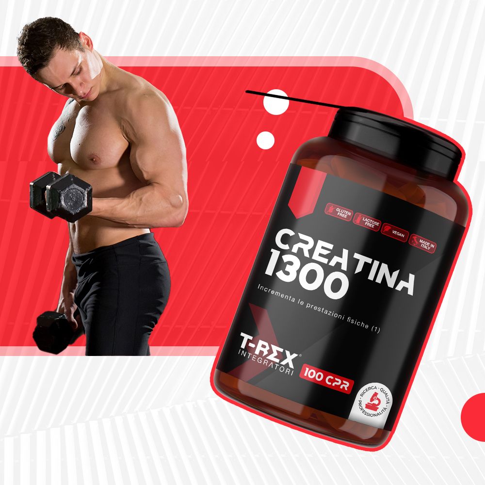 Uomo che si allena con i pesi. Flacone Creatina 1300 sullo sfondo. Testo: Creatina 1300, T-Rex Integratori, 100 CPR.