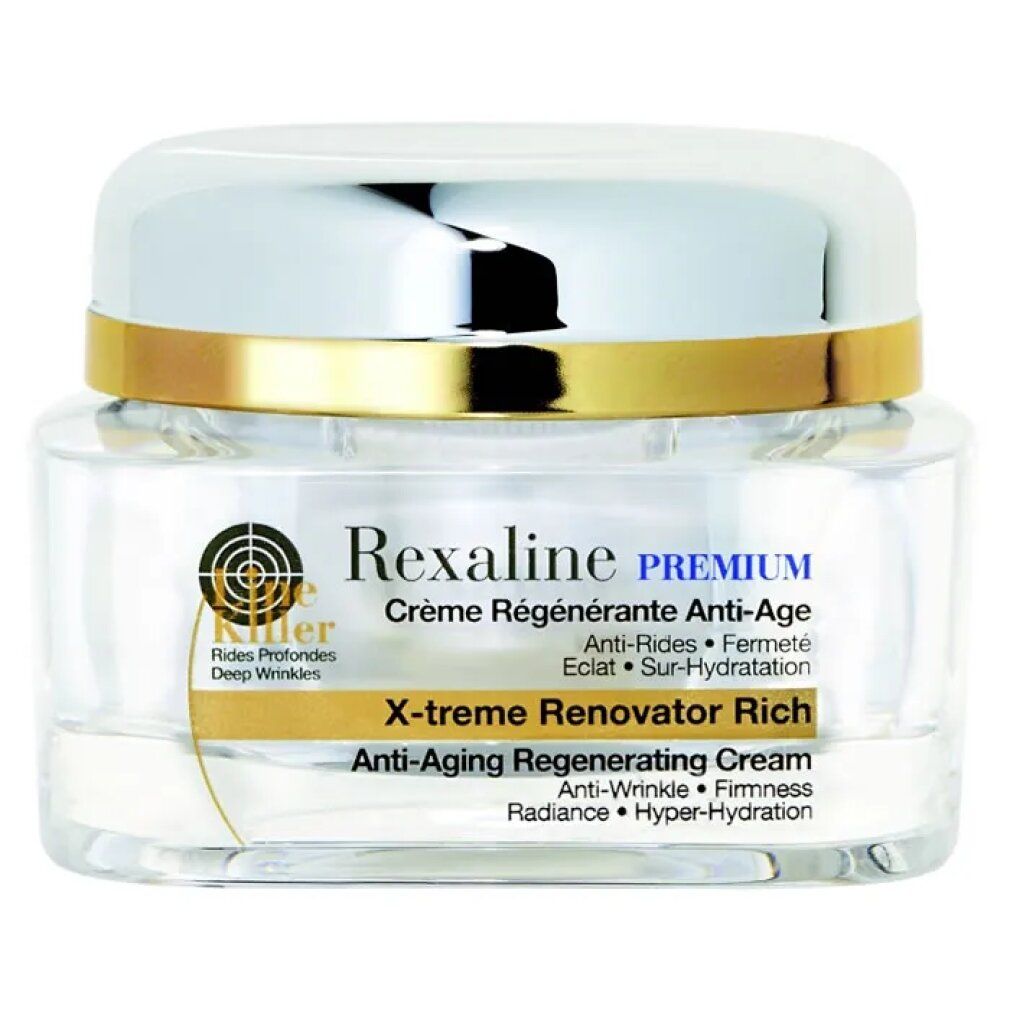 Vaso di crema con coperchio argentato e bordo dorato. Testo: Rexaline Premium, Crème Régénérante Anti-Age.
