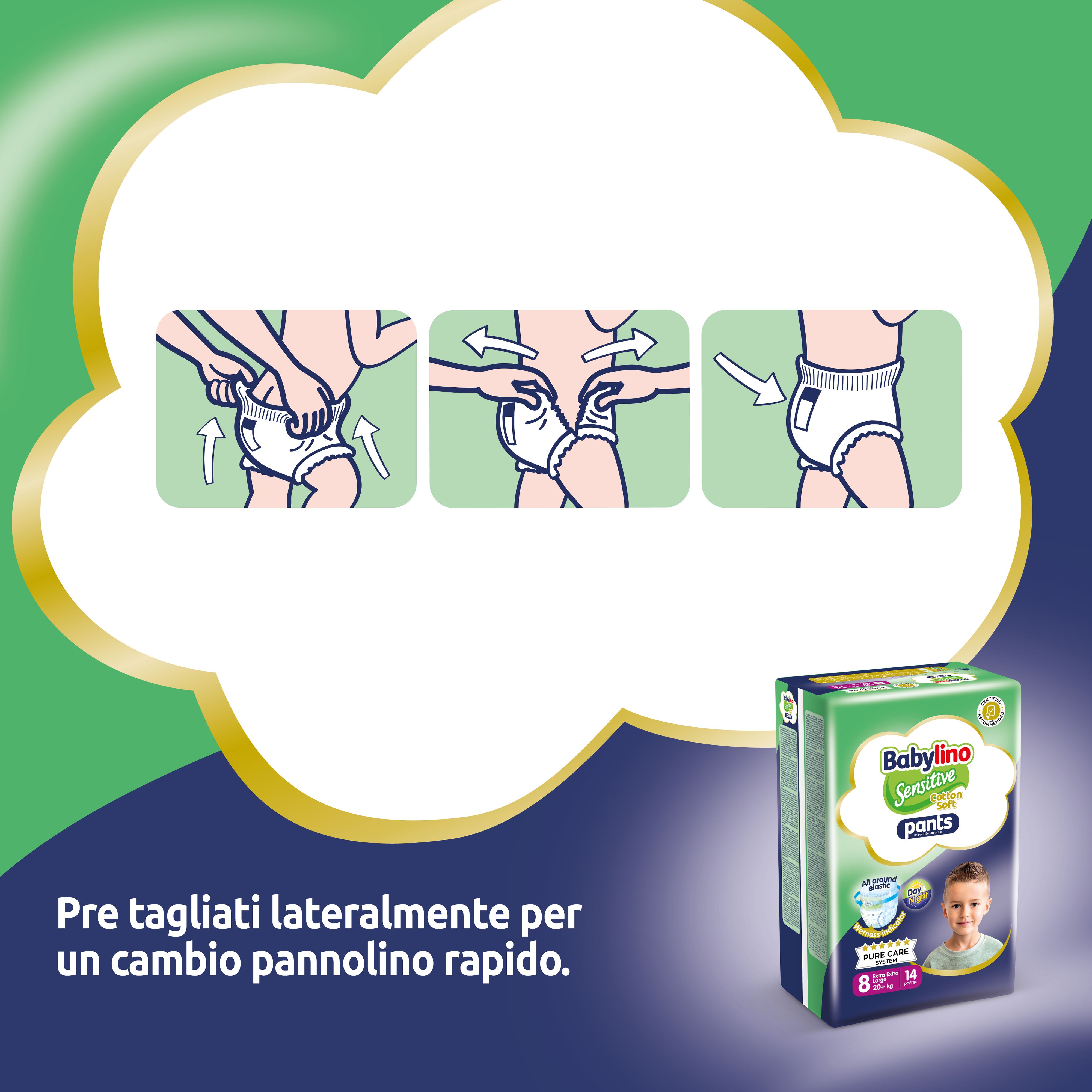 Babylino Sensitive Pants. Pre tagliati lateralmente. Immagine del prodotto. Confezione.