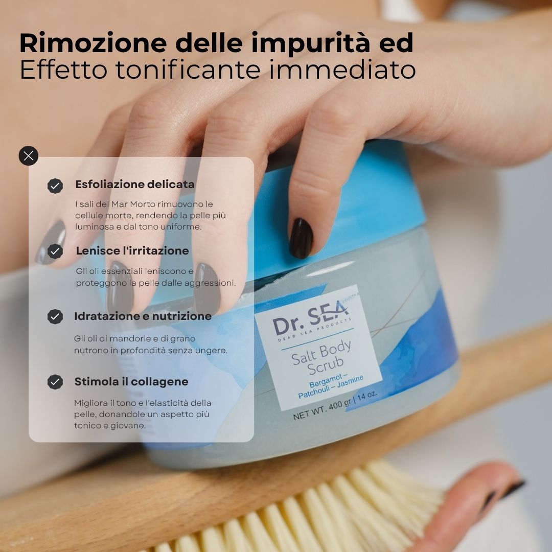 Donna che tiene un barattolo di scrub corpo al sale. Testo: Rimozione delle impurità ed Effetto tonificante immediato. Nome prodotto visibile.