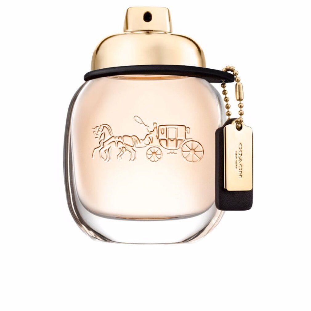 Flacone di profumo con tappo e ciondolo dorati. Logo Coach e motivo carrozza sul vetro.