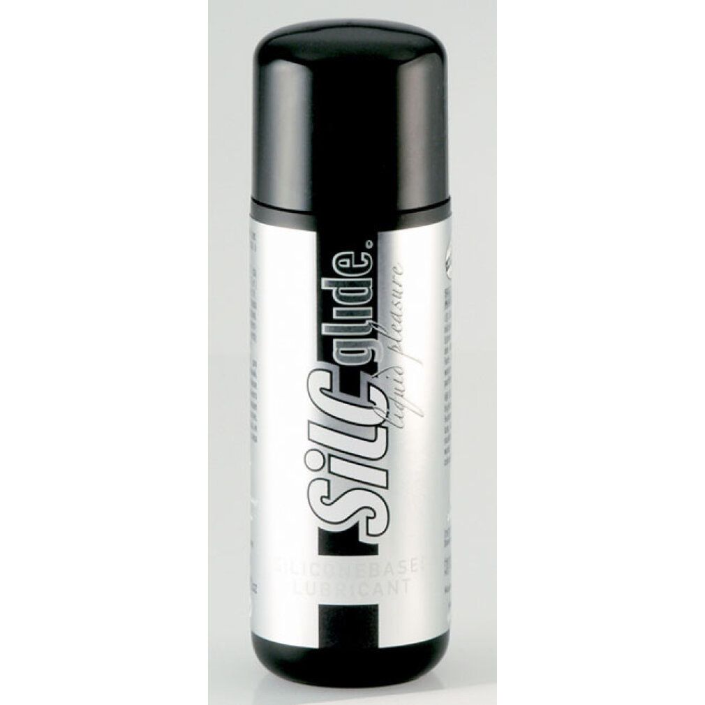 Lubrificante a base di silicone in flacone con tappo nero. Scritta: Silc Glide liquid pleasure.