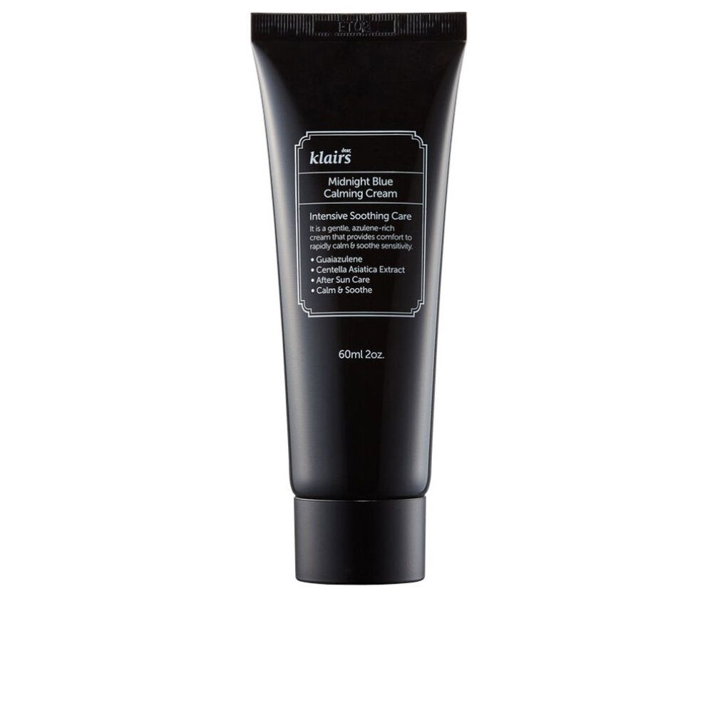 Tubo blu scuro con etichetta bianca. Testo: klairs, Midnight Blue Calming Cream. 60ml 2oz. Contiene azulene, Centella Asiatica.