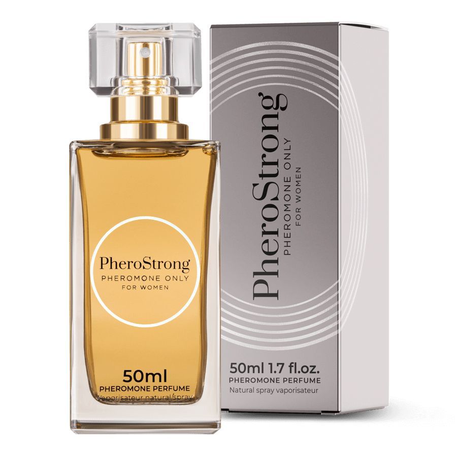 PheroStrong Profumo feromoni per donne, flacone da 50ml con spray e confezione.