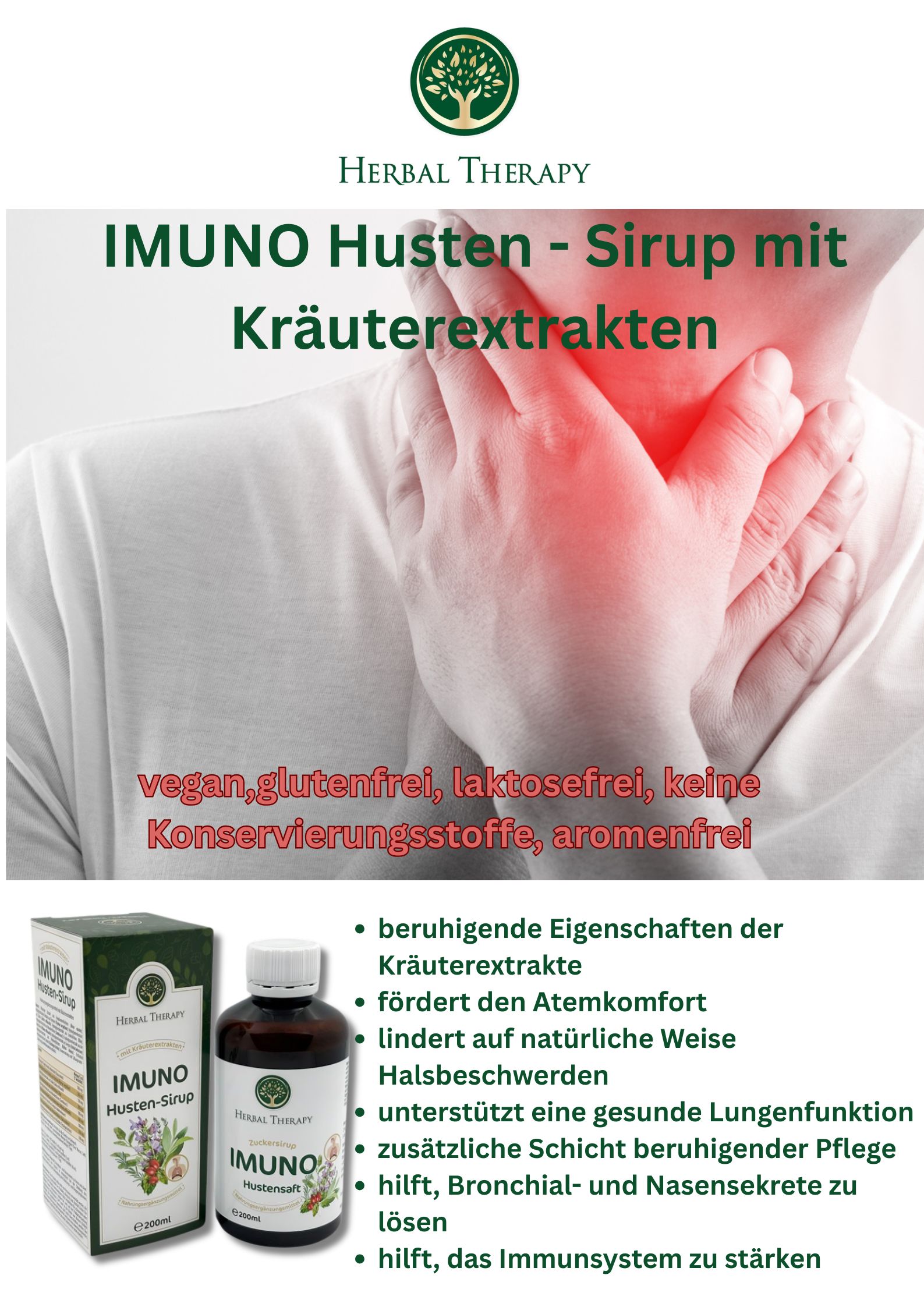 Immagine pubblicitaria con bottiglia e scatola di sciroppo per la tosse. Scritto: IMUNO Husten-Sirup. Testo: vegano, senza glutine, senza lattosio, senza conservanti, senza aromi.