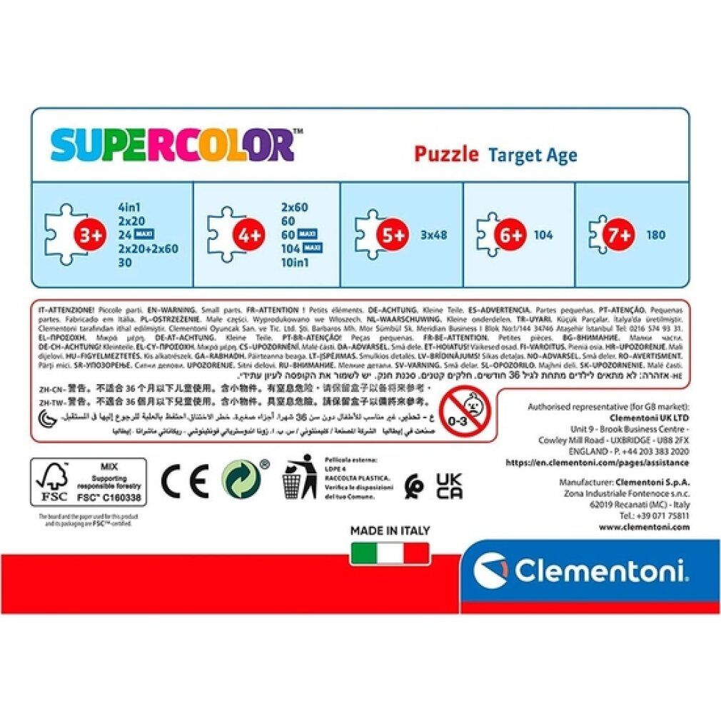 Retro della confezione del puzzle. Contiene informazioni sulle dimensioni dei puzzle e le età. Marca: Clementoni.