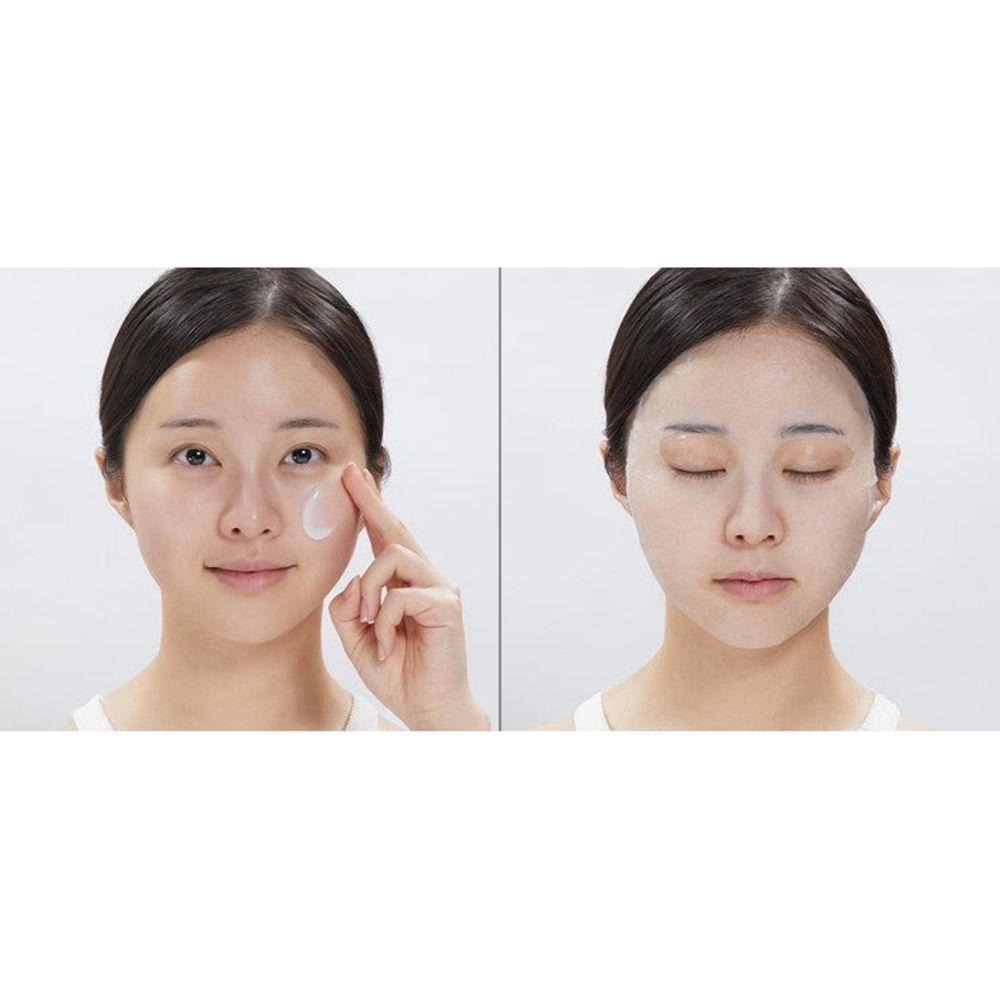 Donna che applica il prodotto. Sinistra: applicazione del siero. Destra: maschera applicata. Viso.