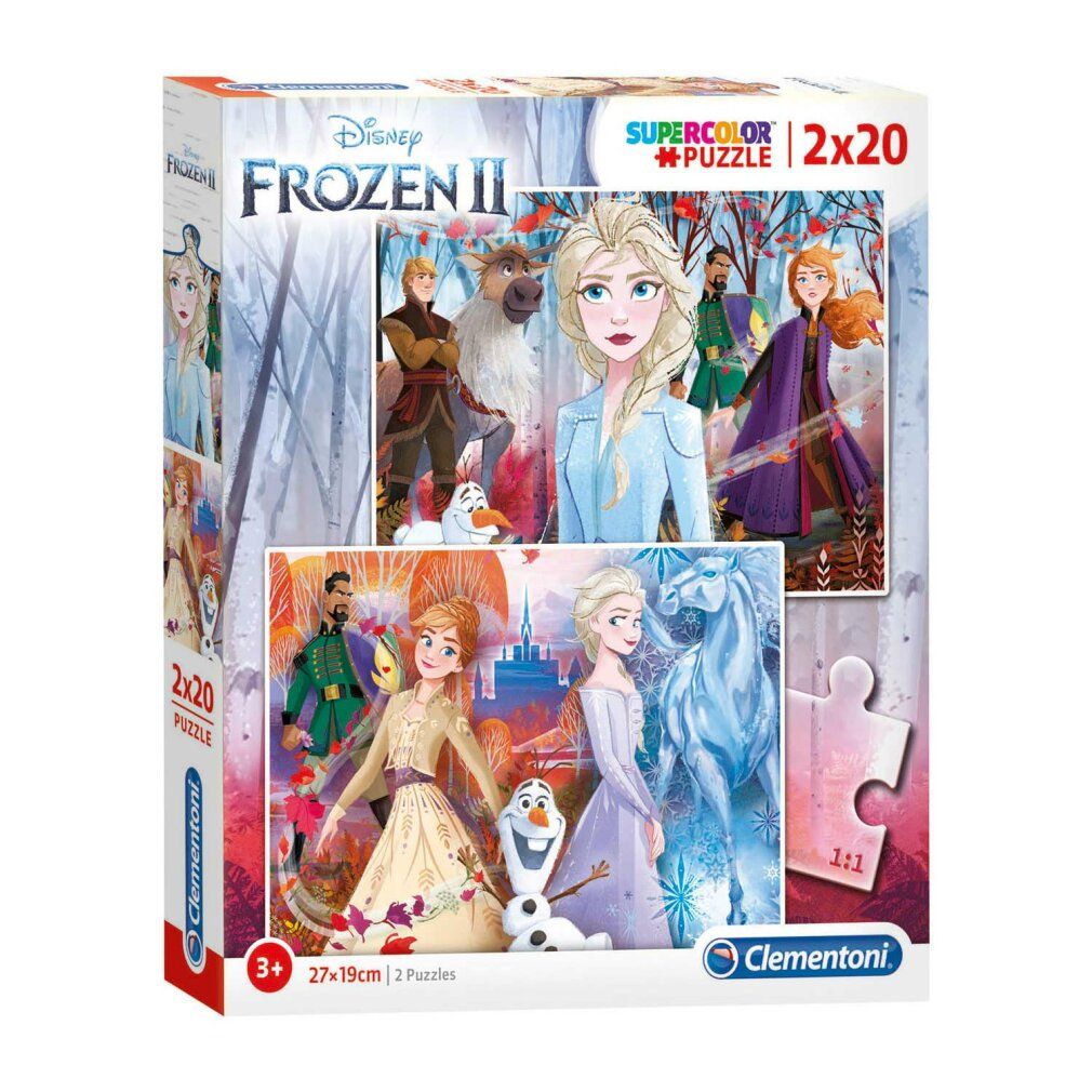 Confezione puzzle Frozen 2, 2x20 pezzi. Dimensioni 27x19cm. Marchio Clementoni. Età: 3+.