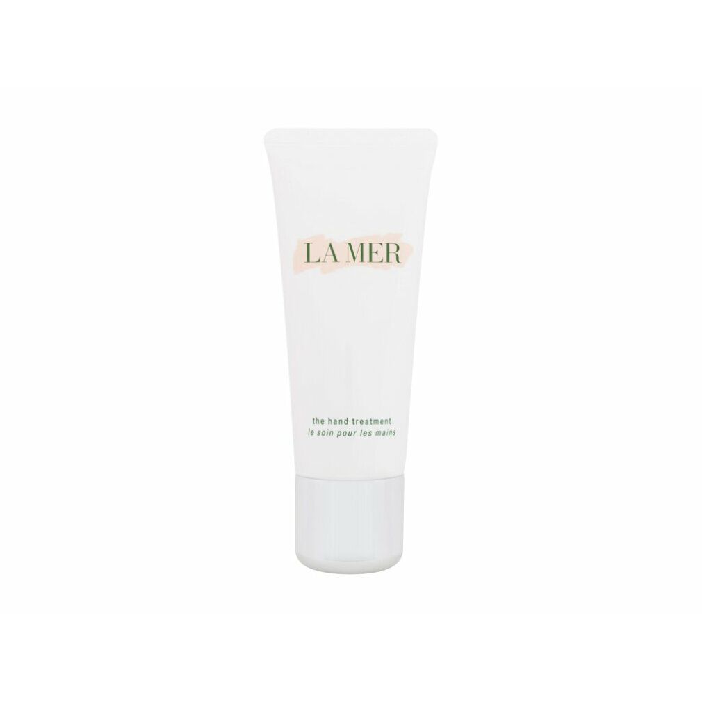 Tubo bianco con tappo bianco. Scritta: LA MER, the hand treatment. Prodotto per le mani.