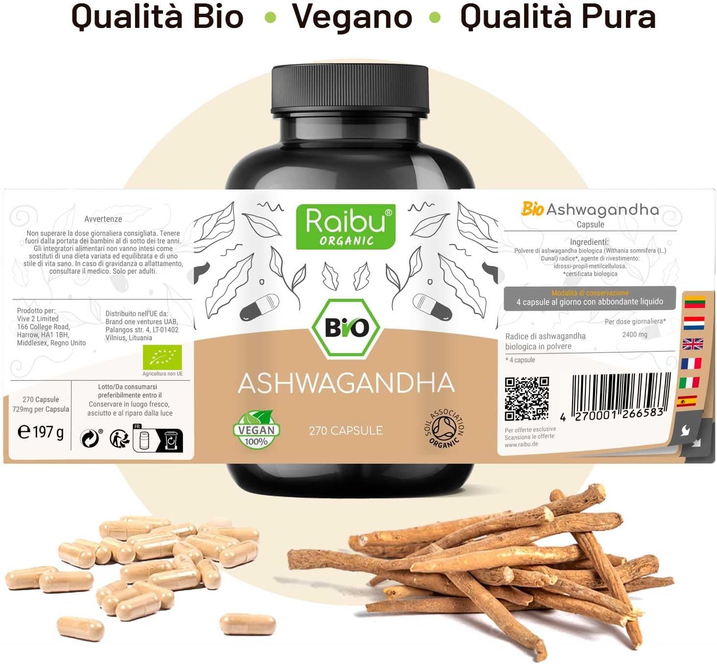 Flacone di capsule, capsule e radici. Scritta: Raibu Organic, Ashwagandha, 270 capsule, Vegan. Elenco ingredienti.