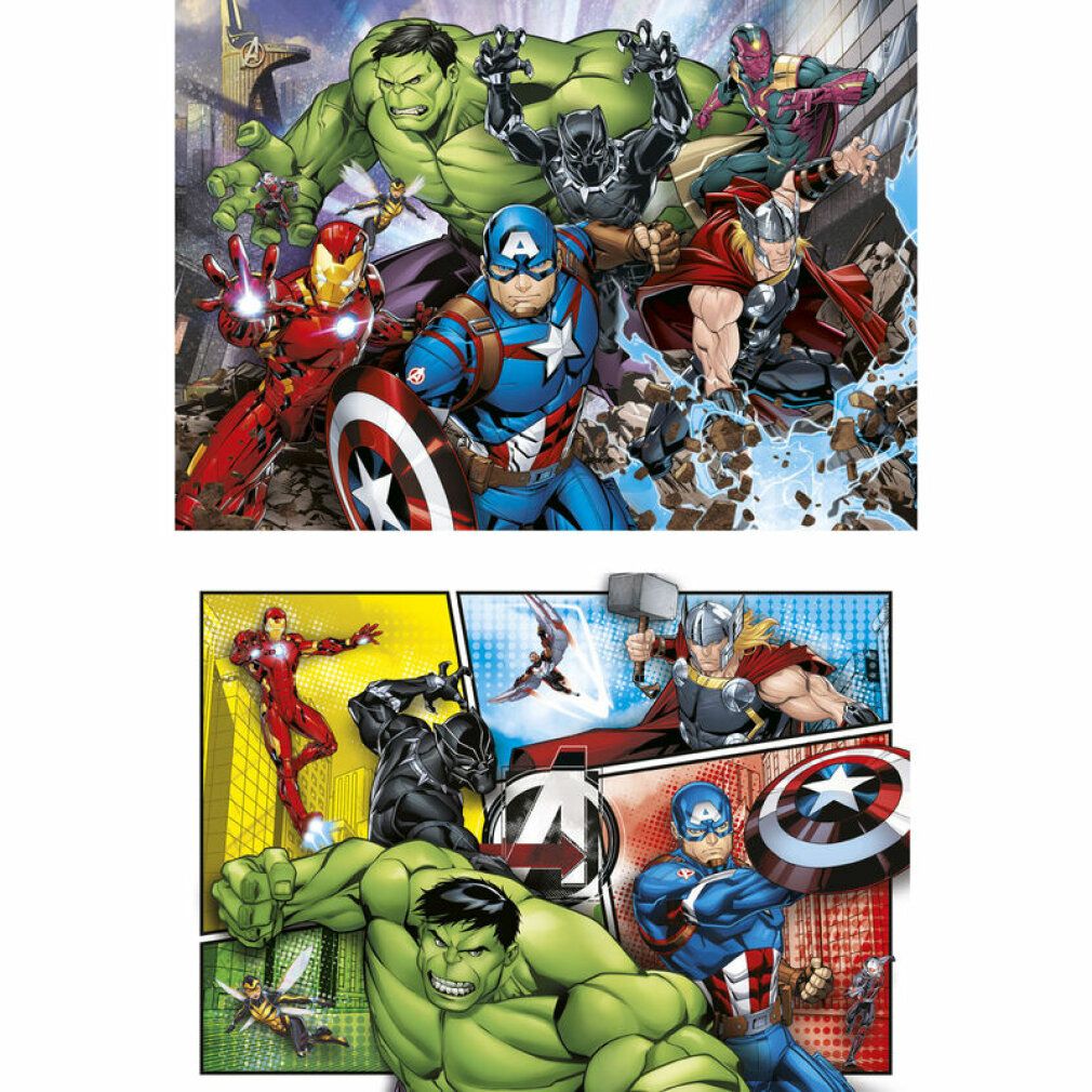 Puzzle Clementoni The Avengers, 2x60 pezzi. Stile fumetto, personaggi Avengers. Due puzzle, Hulk, Iron Man, Captain America, Thor, Black Panther, Vision.