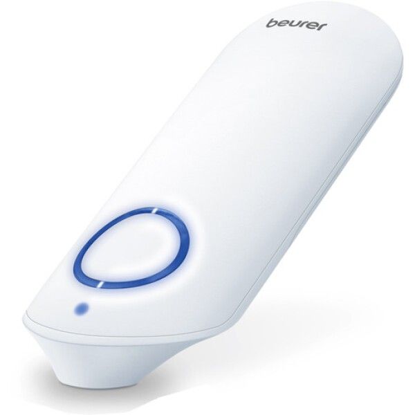 Dispositivo ovale bianco con anello e pulsante blu. Vista prospettica.