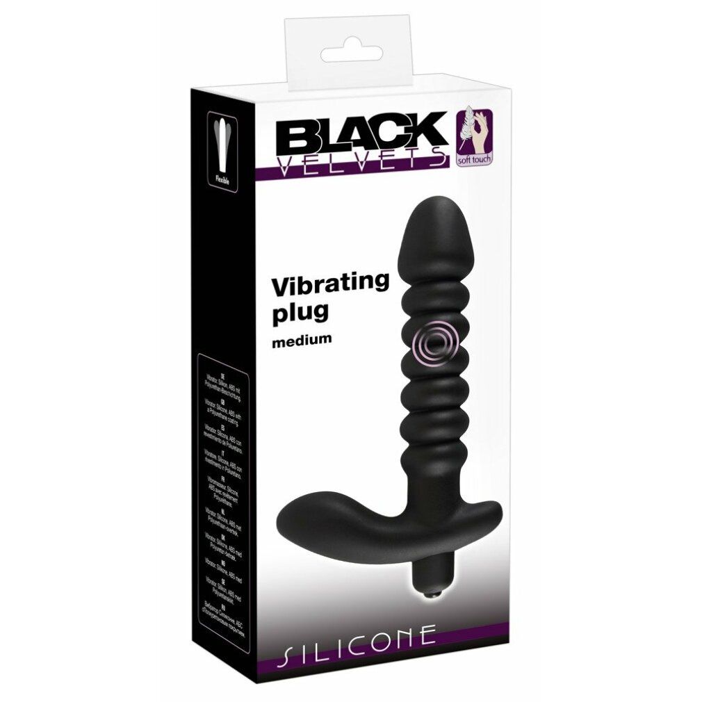 Plug vibrante nero, confezionato. Scritta: Black Velvets, Vibrating plug medium. Materiale: silicone.