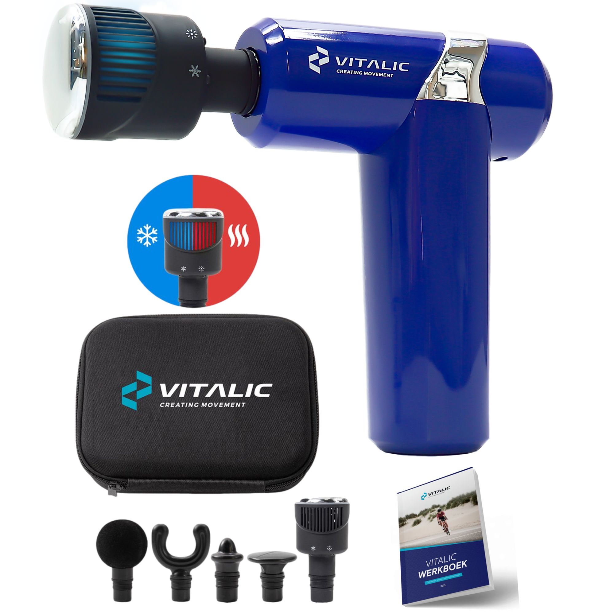Pistola massaggiante blu con accessori, custodia e brochure. Logo VITALIC visibile.
