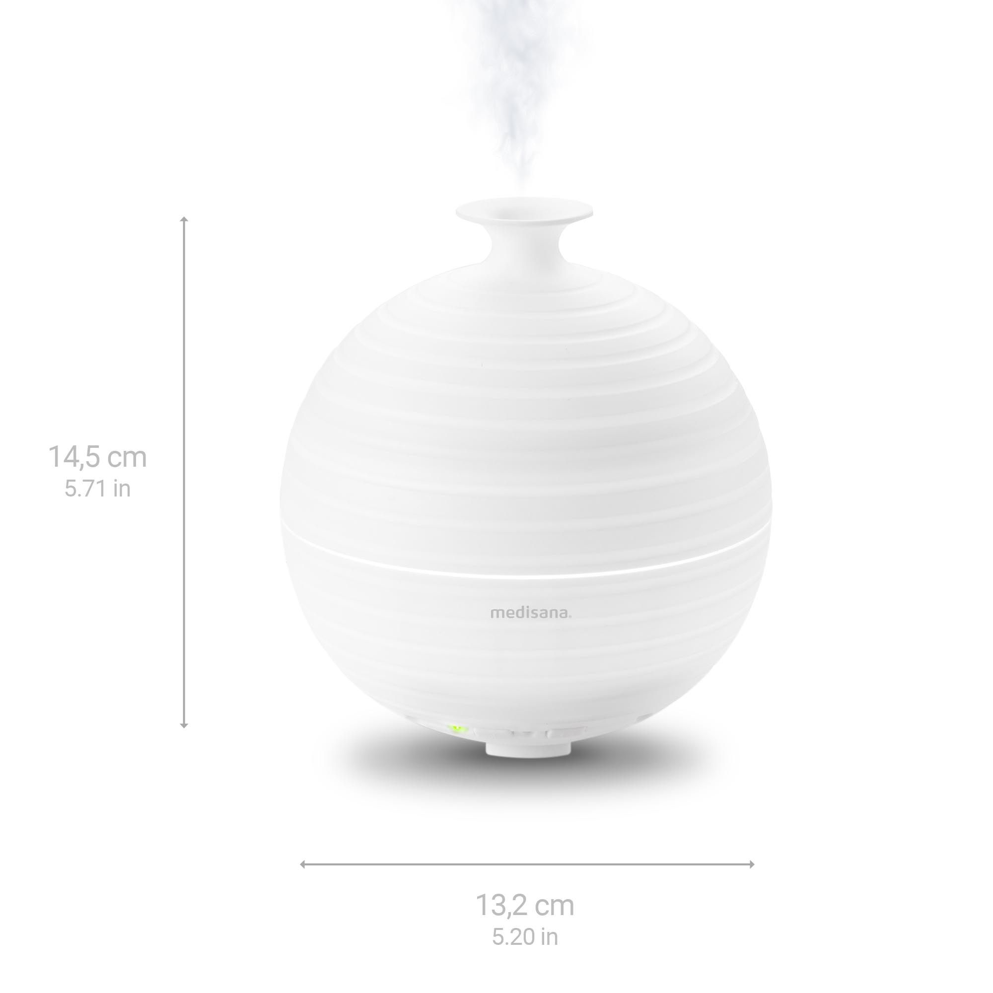 Diffusore di aromi: altezza 14,5 cm, larghezza 13,2 cm. Bianco, scanalato, con vapore.