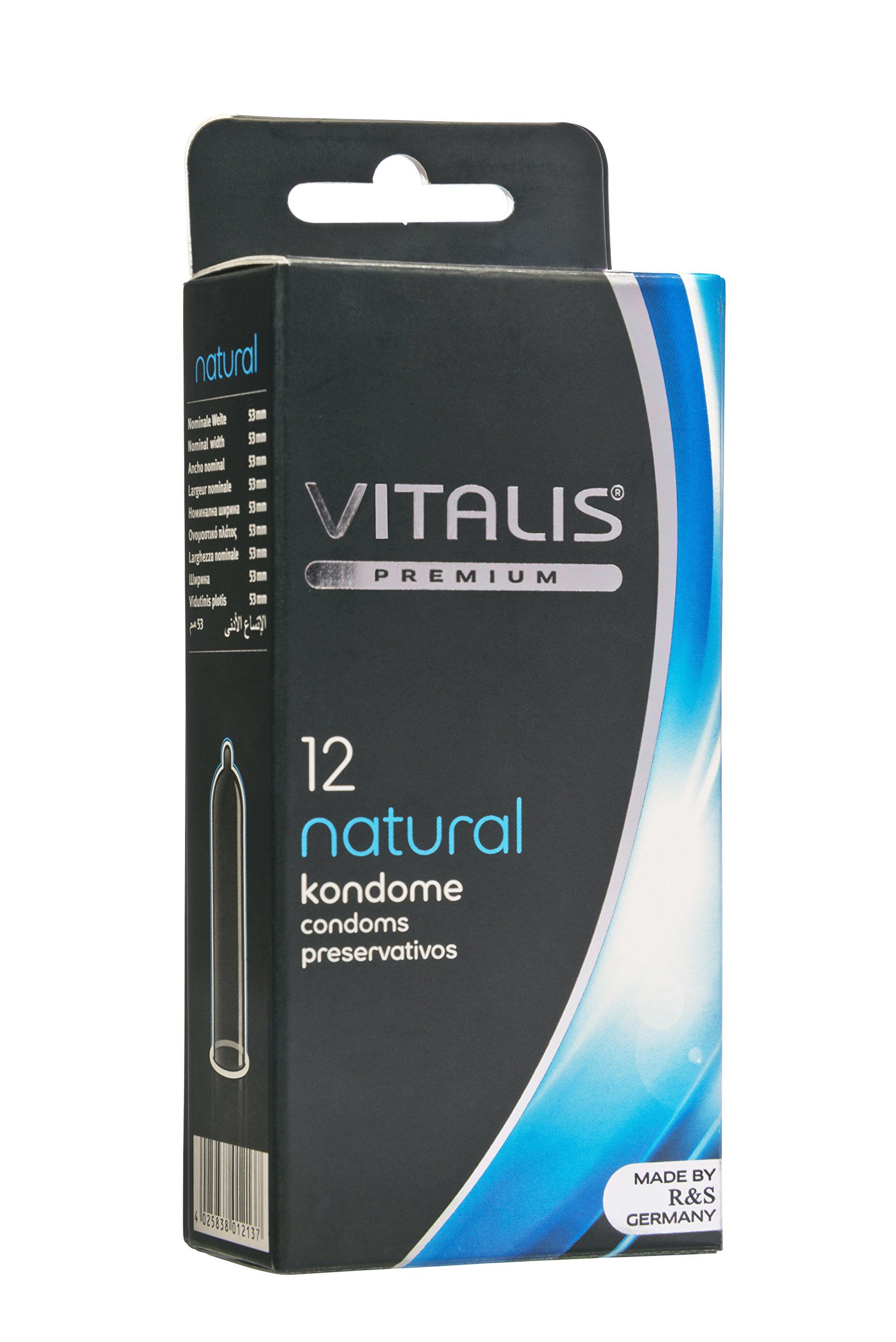 Preservativi Vitalis Premium Natural, confezione da 12. La parte anteriore mostra una rappresentazione schematica di un preservativo.