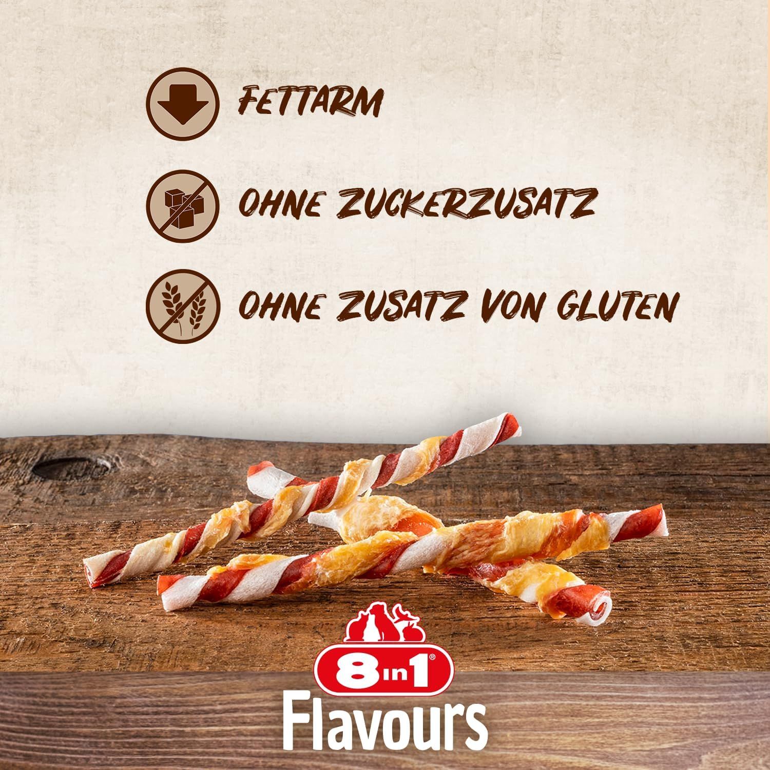 Diversi stick attorcigliati su legno. Testo: a basso contenuto di grassi, senza zuccheri aggiunti, senza glutine. Logo 8in1 Flavours.