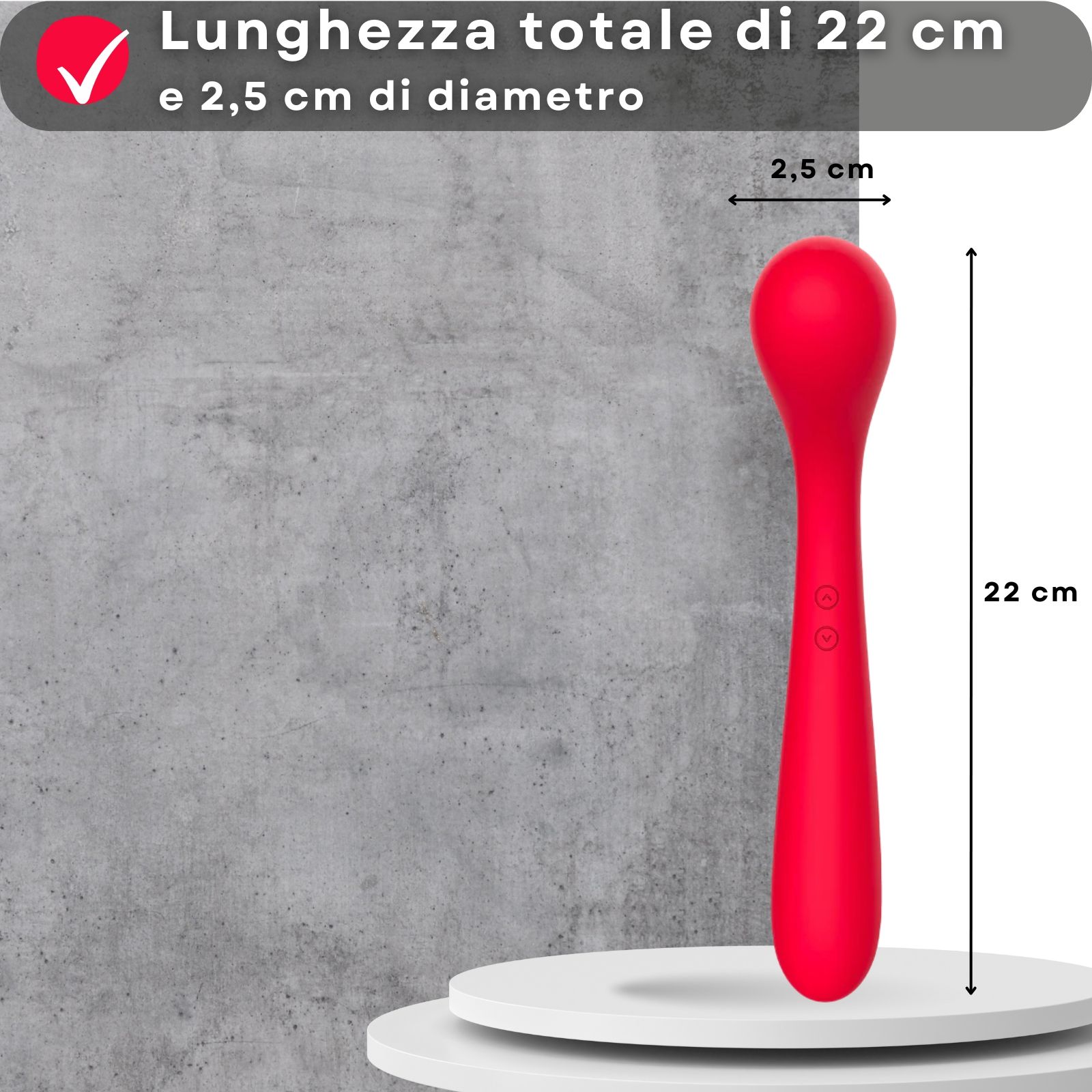 Vibratore rosso. 22 cm di lunghezza, 2,5 cm di diametro.