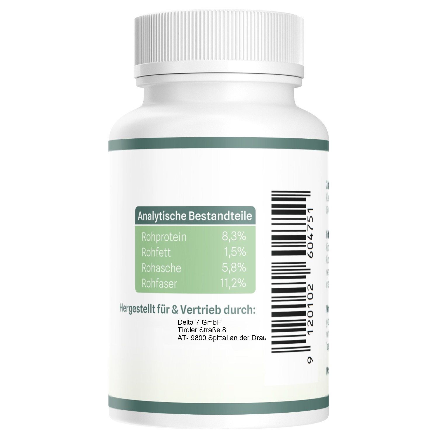 Retro di un flacone bianco. Etichetta verde con componenti analitici e informazioni del produttore. Testo in tedesco.