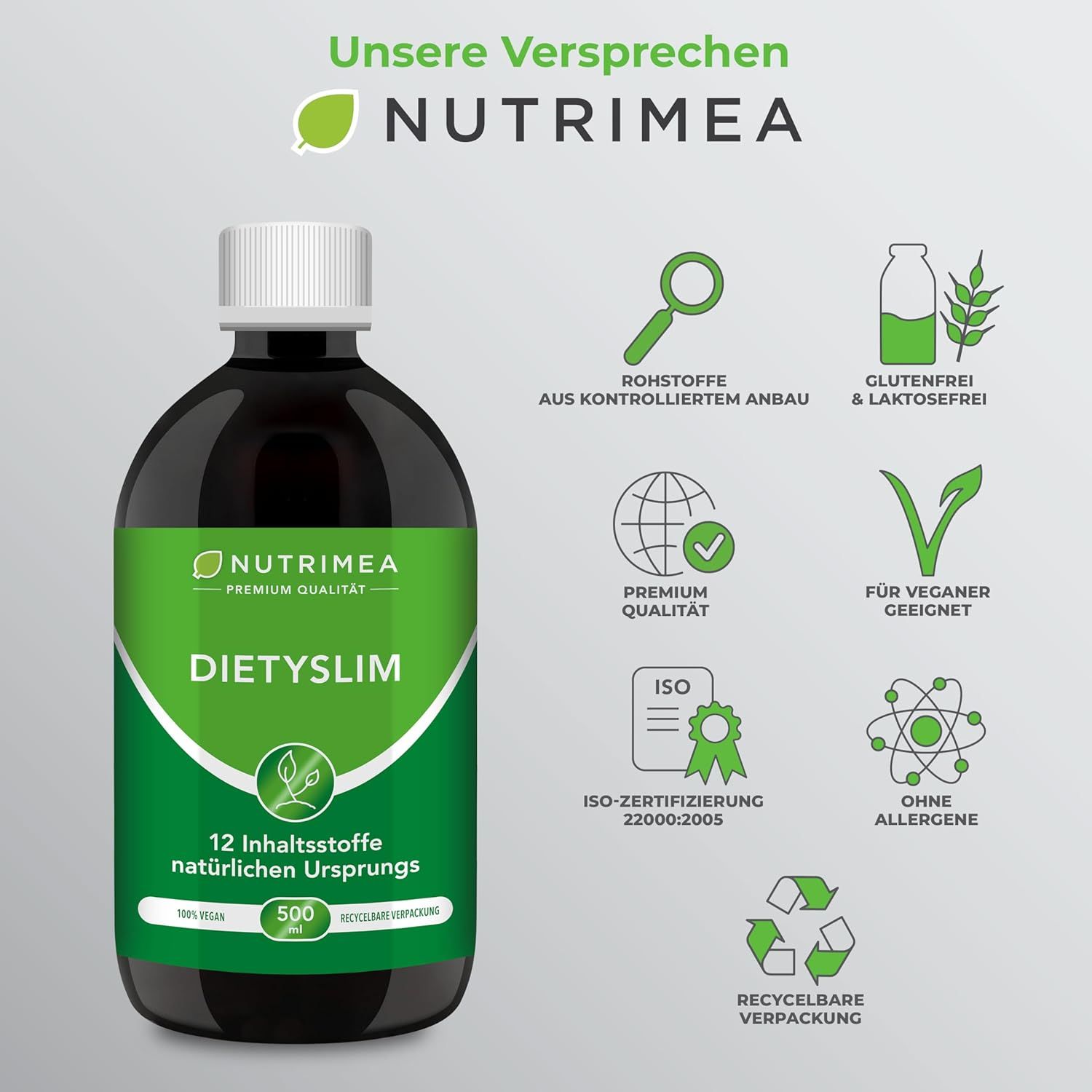 Bottiglia con etichetta verde. Icone: Materie prime da agricoltura controllata, senza glutine, vegan, ecc.