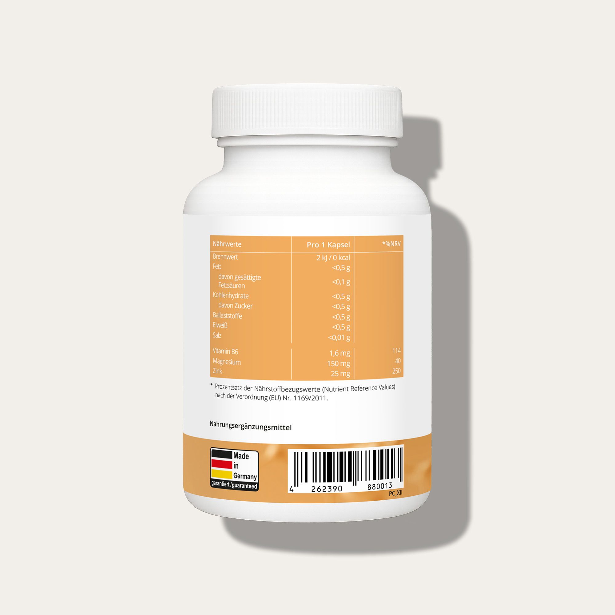 Flacone bianco con etichetta gialla. Informazioni nutrizionali e ingredienti stampati. Prodotto in Germania.