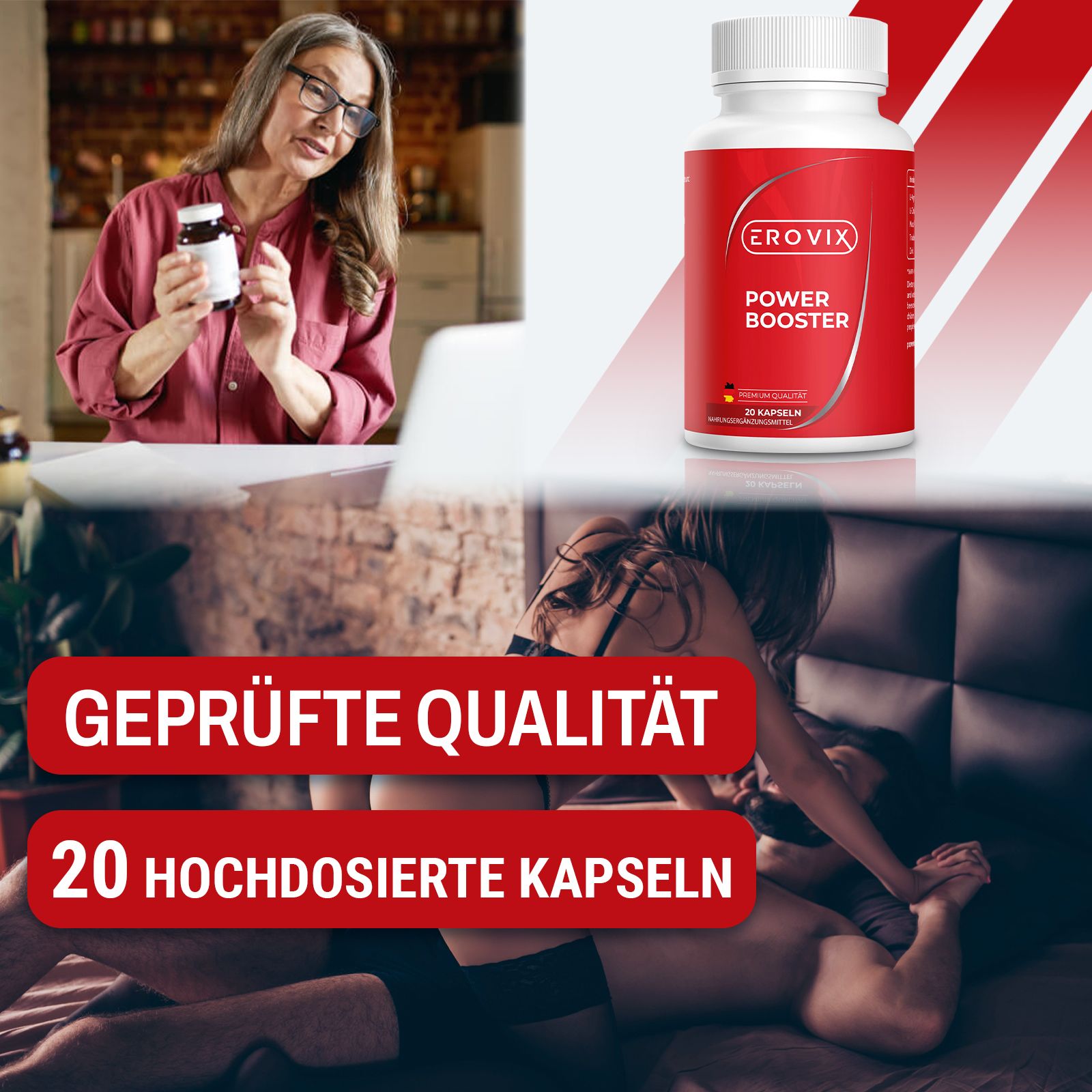 Flacone rosso con tappo bianco. Scritta: EROVIX, POWER BOOSTER. 20 capsule. Donna tiene il flacone. Testo: Qualità testata, 20 capsule ad alto dosaggio.