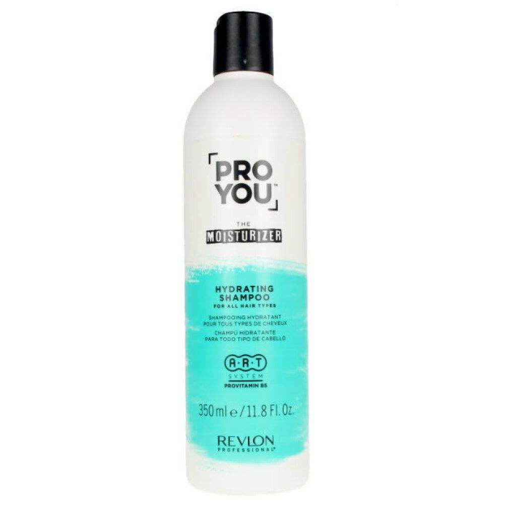 Flacone bianco con tappo nero. Scritta: Pro You The Moisturizer, Hydrating Shampoo. Revlon Professional.