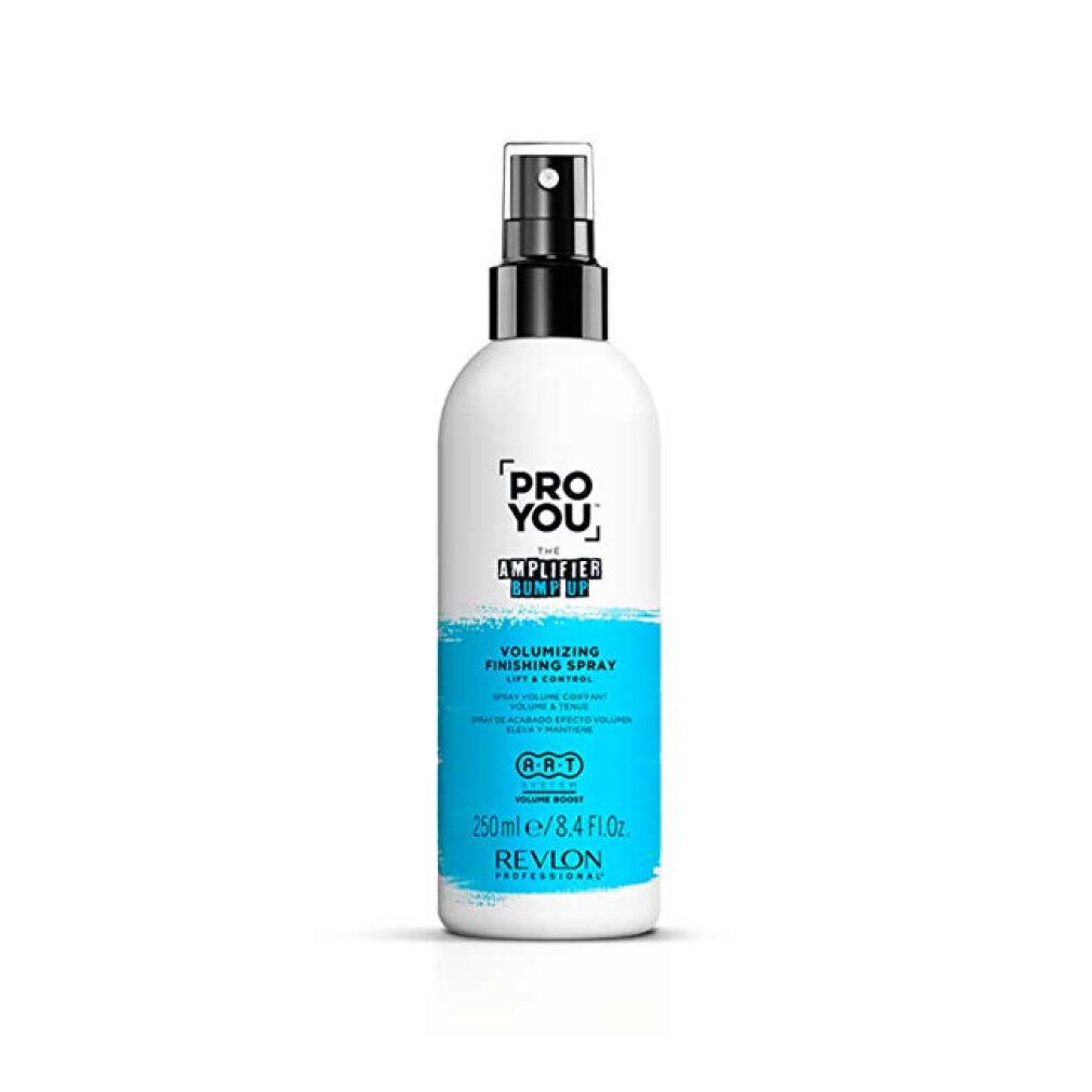 Flacone bianco con erogatore nero. Scritta blu: Pro You, Amplifier Bump Up, Volumizing Finishing Spray. Revlon Professional.