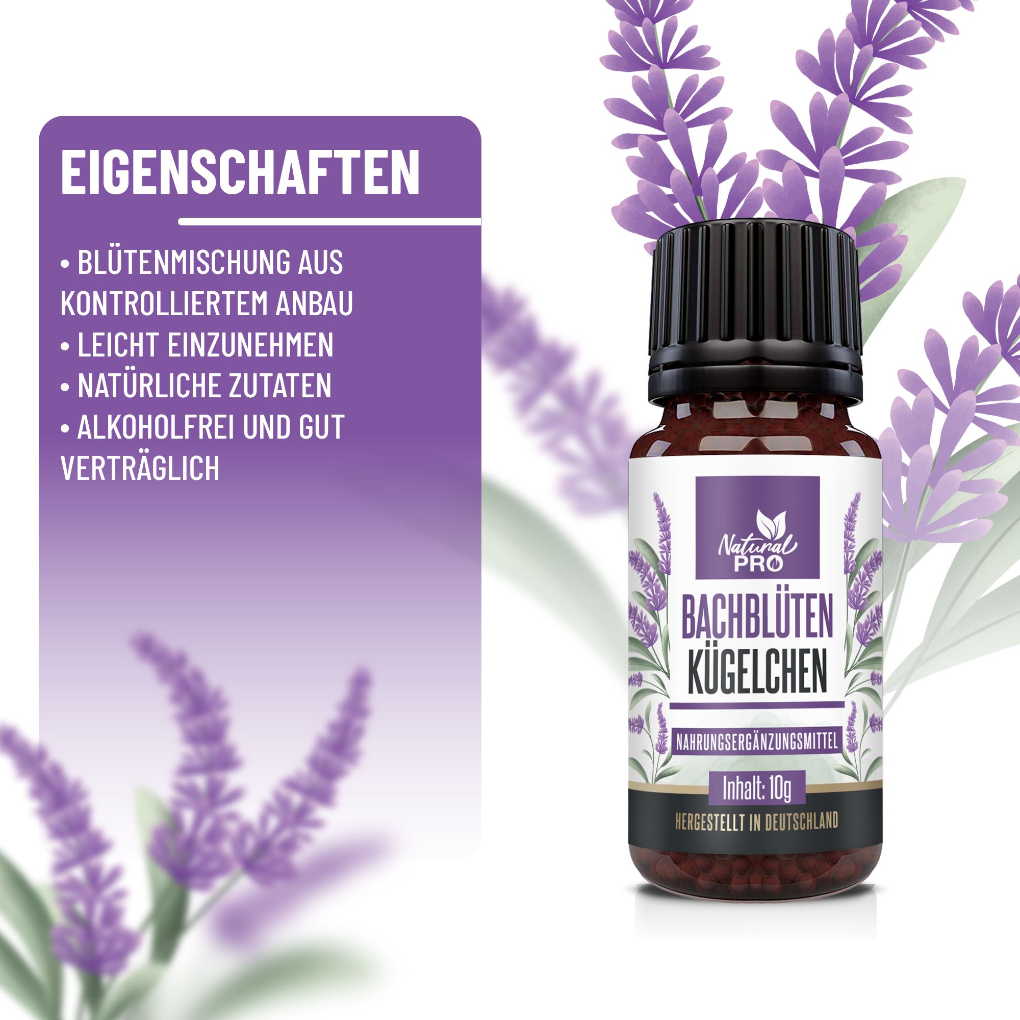 Flacone di vetro marrone con tappo nero. Etichetta con nome del prodotto e design floreale. Testo 'Proprietà' accanto.