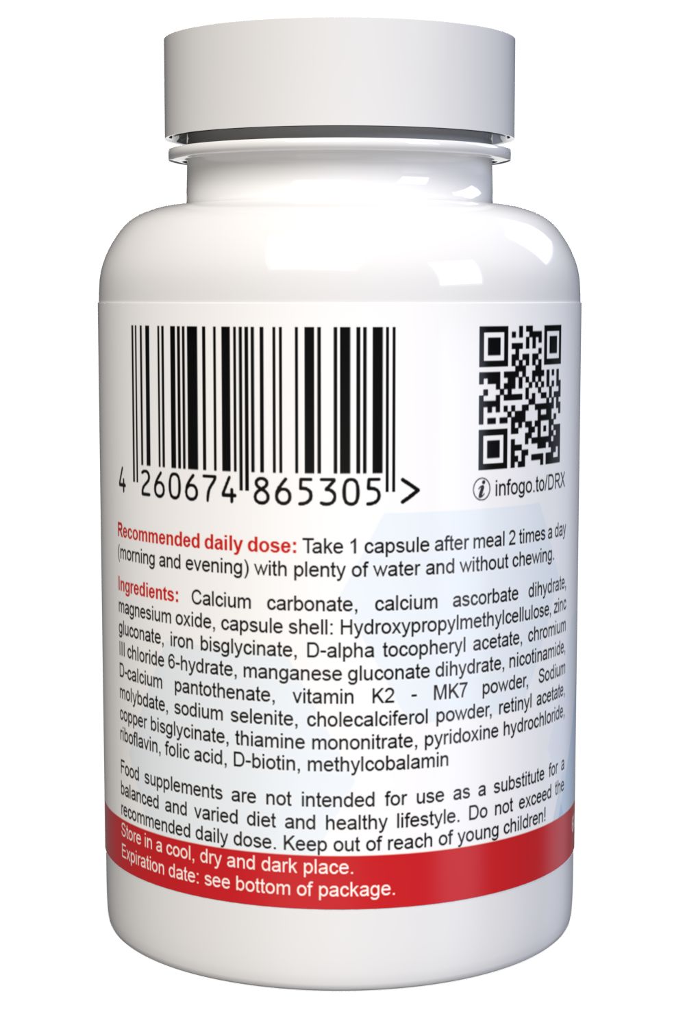 Retro del flacone bianco. Codice a barre e QR code. Testo: Dose giornaliera raccomandata, ingredienti, avvertenze. Striscia rossa in basso.