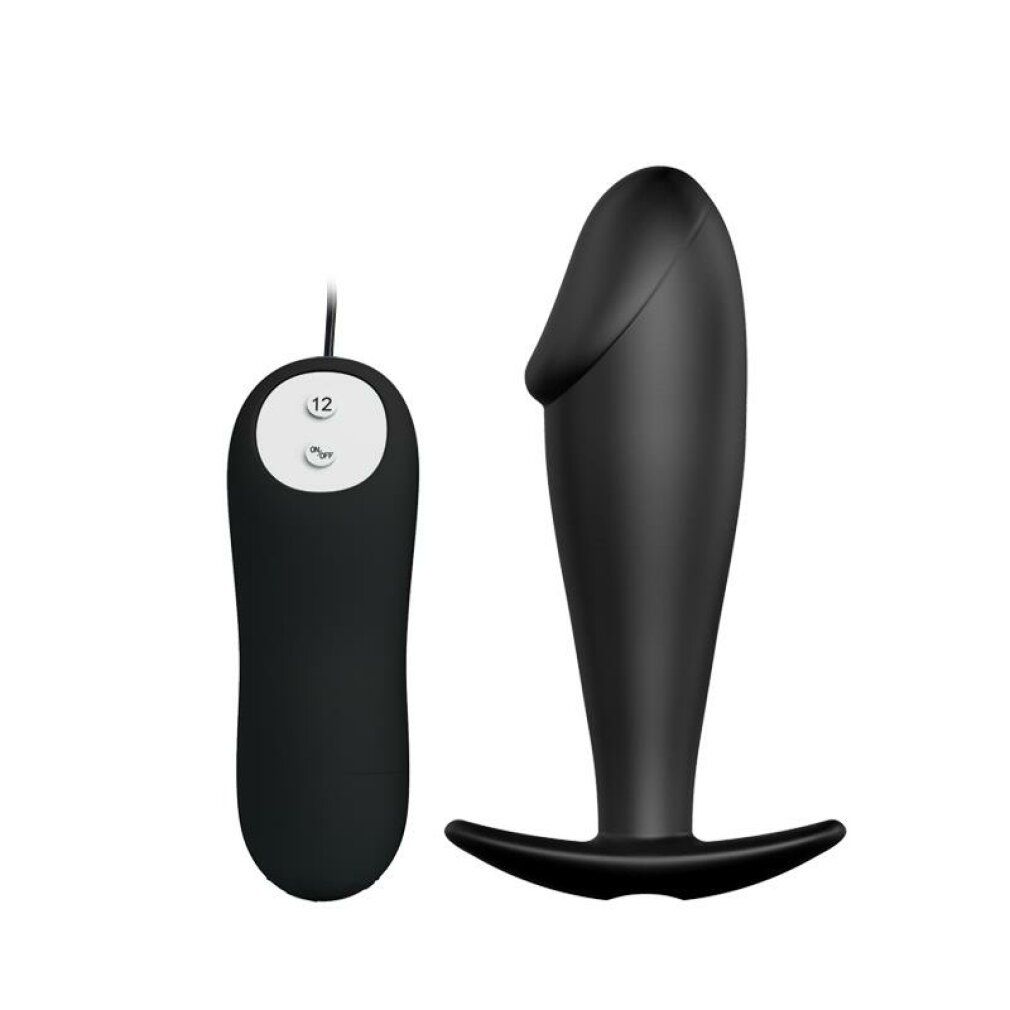 Plug anale nero con base a T e telecomando a due pulsanti.
