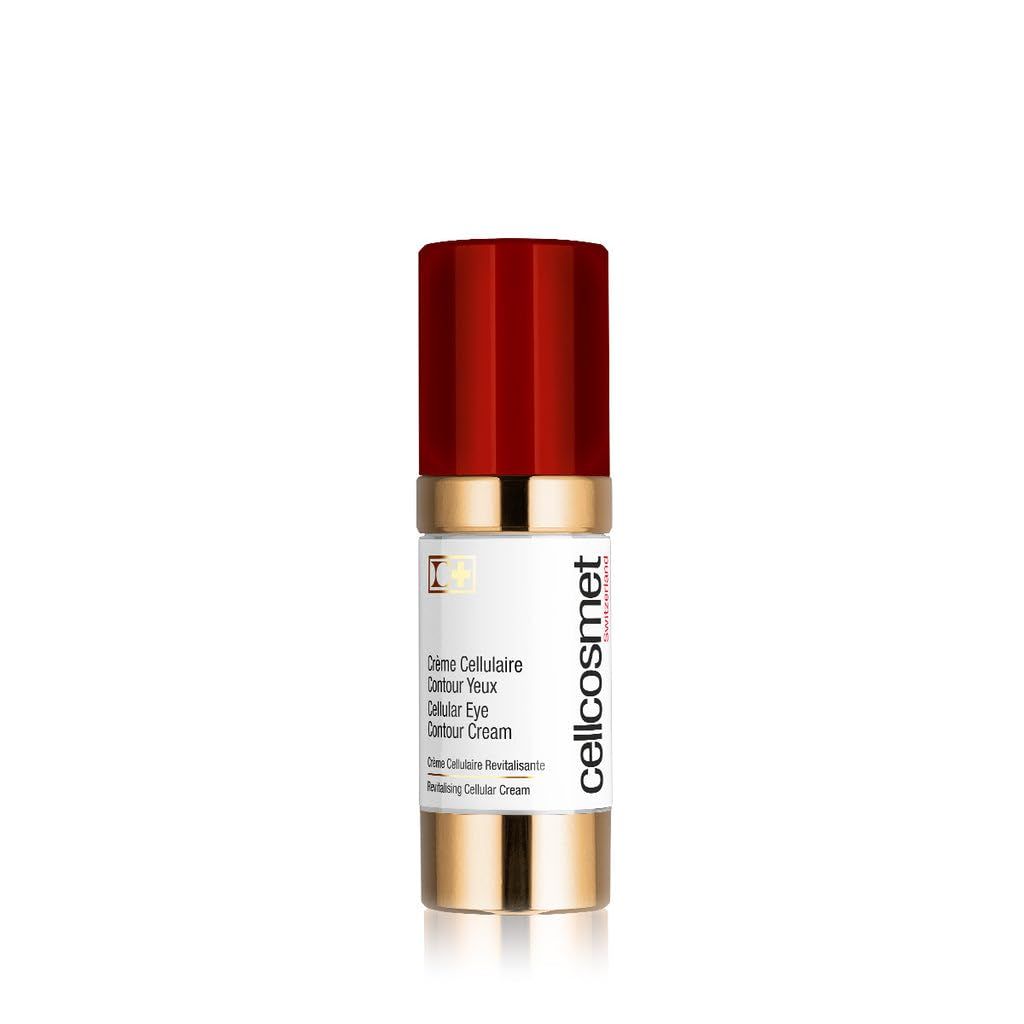 Flacone cilindrico con tappo rosso e dettagli dorati. Scritta: Cellcosmet, Crème Cellulaire Contour Yeux, Cellular Eye Contour Cream.