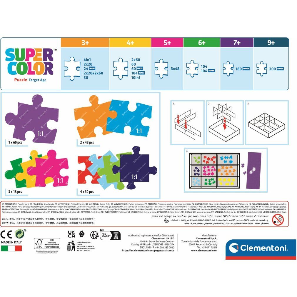 Retro del puzzle Clementoni Tierfreunde 10 in 1. Informazioni sui pezzi, età consigliata, loghi e certificazioni.