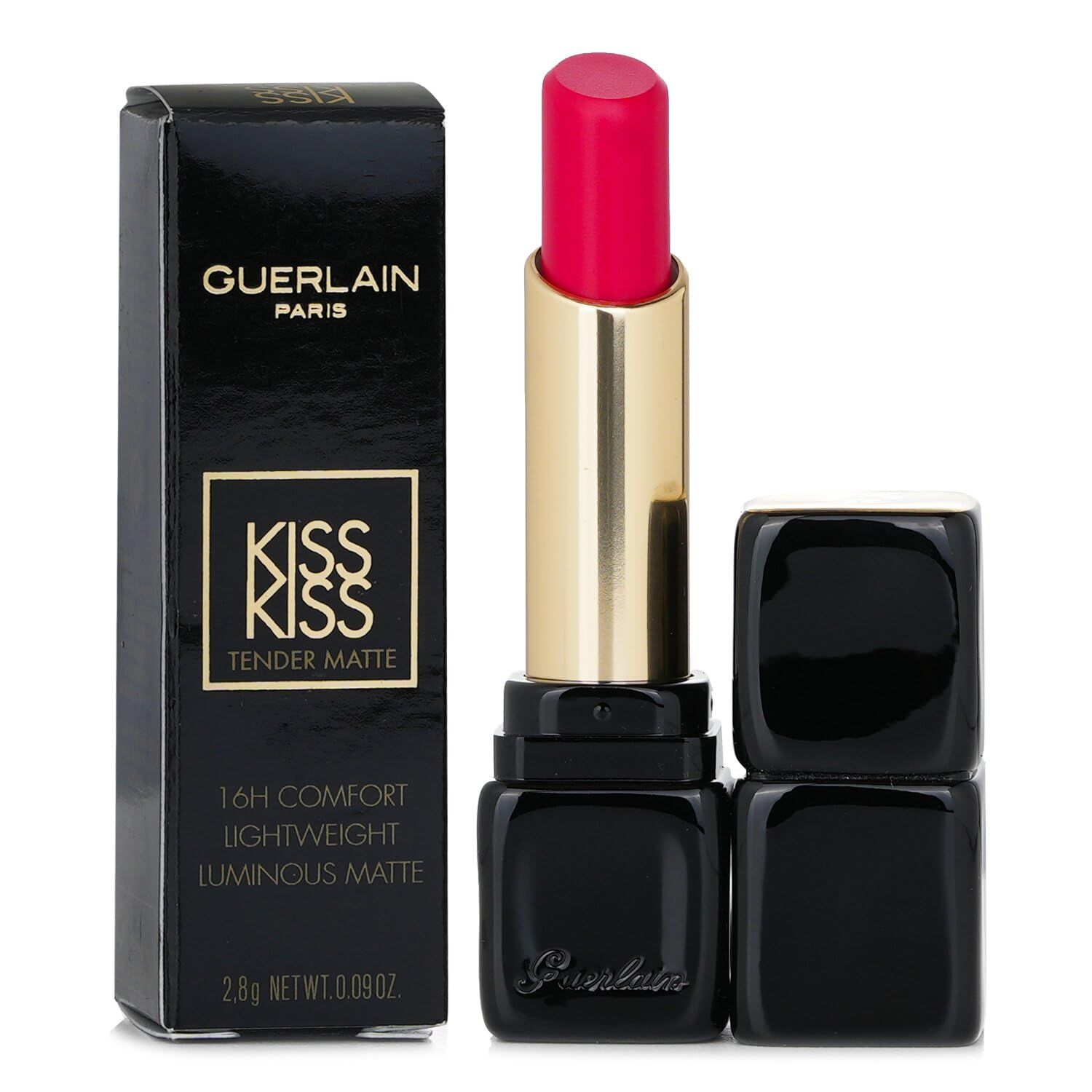 Rossetto rosa e confezione nera. Sulla confezione: "Guerlain Paris KissKiss Tender Matte". Peso netto 2,8 g.
